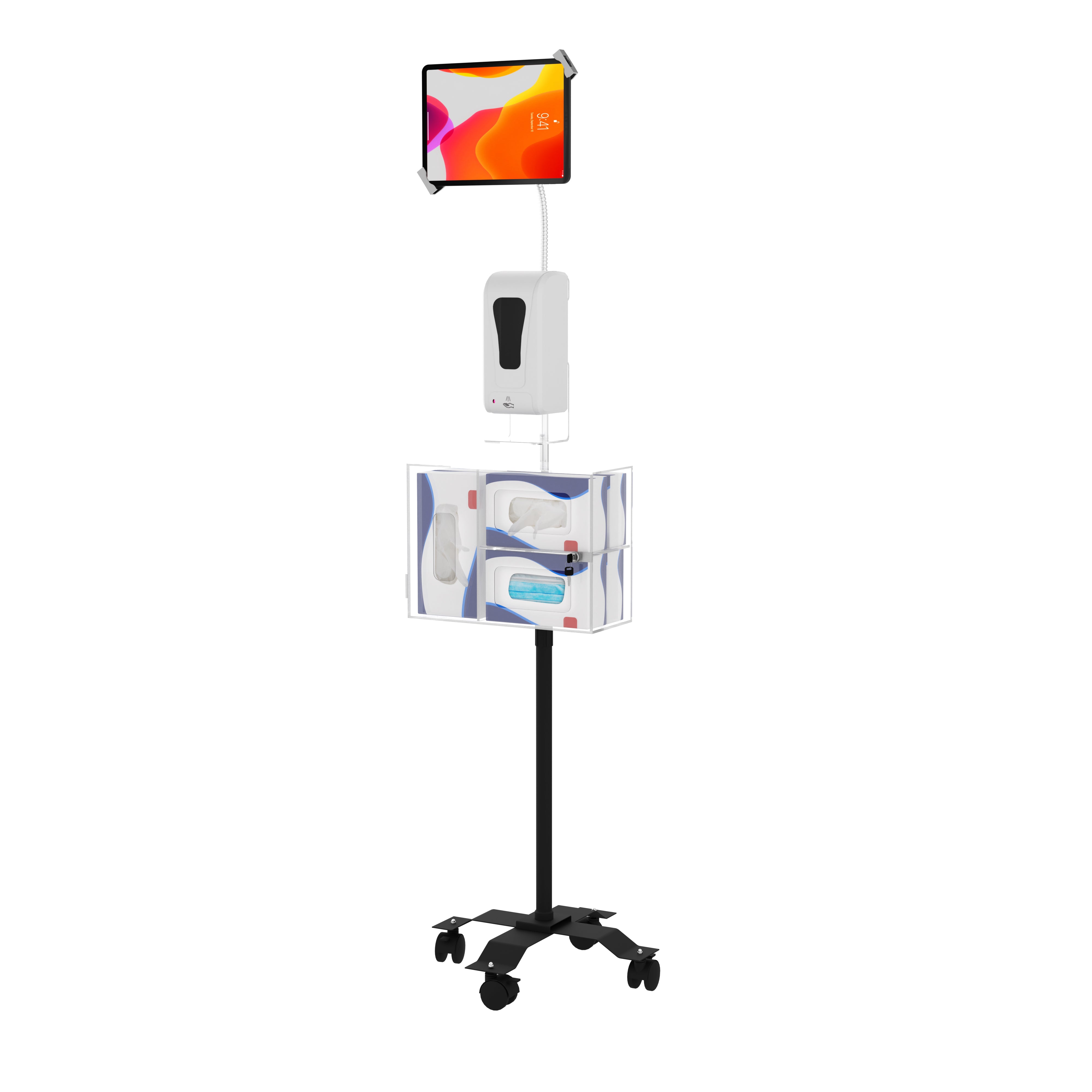 Compact Security Gooseneck Floor Stand for 7-13 Inch Tablets with Sanitizing Station &amp; Automatic Soap Dispenser
