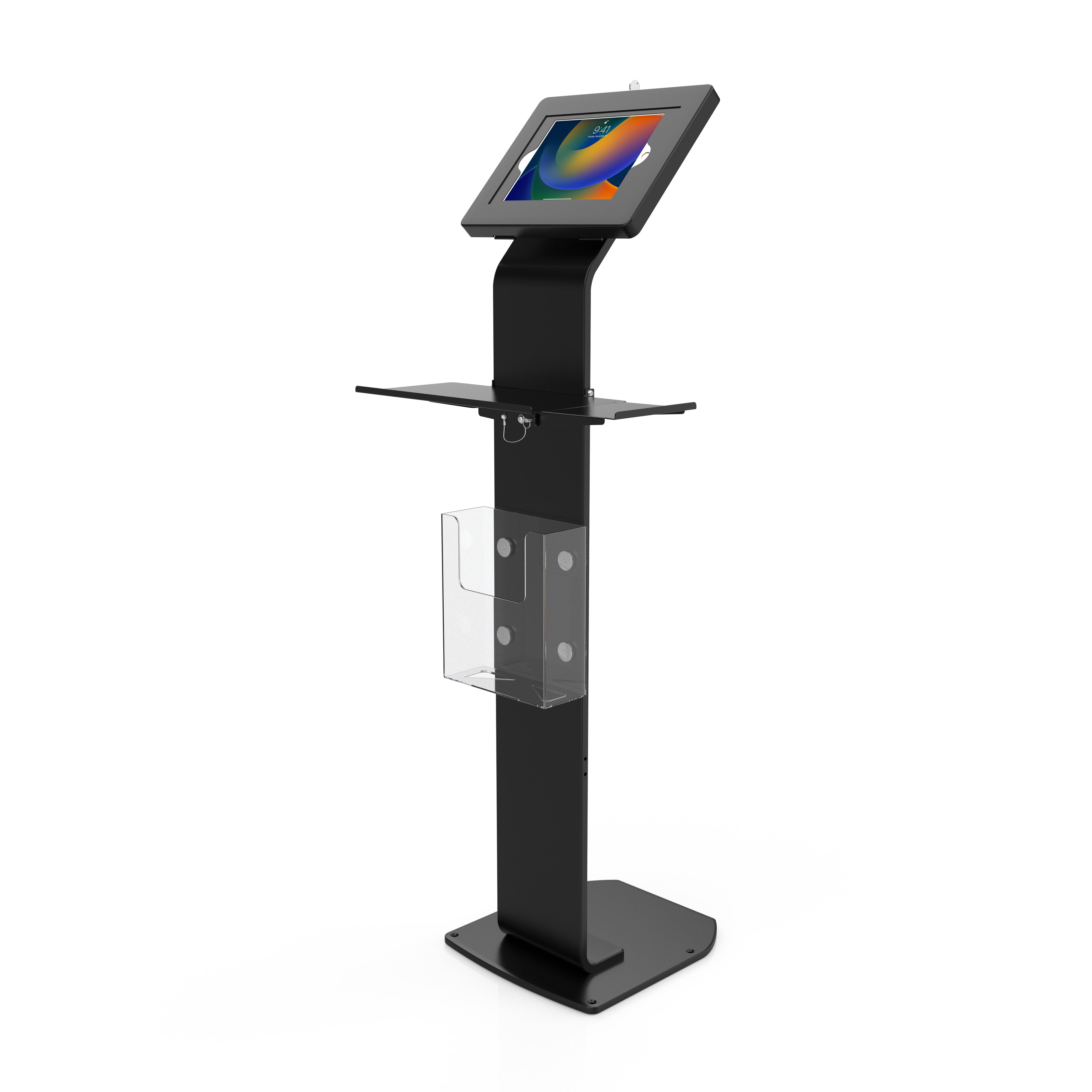 Premium Locking Floor Stand Kiosk with Universal Security Enclosure, Keyboard Tray, and Storage Compartment