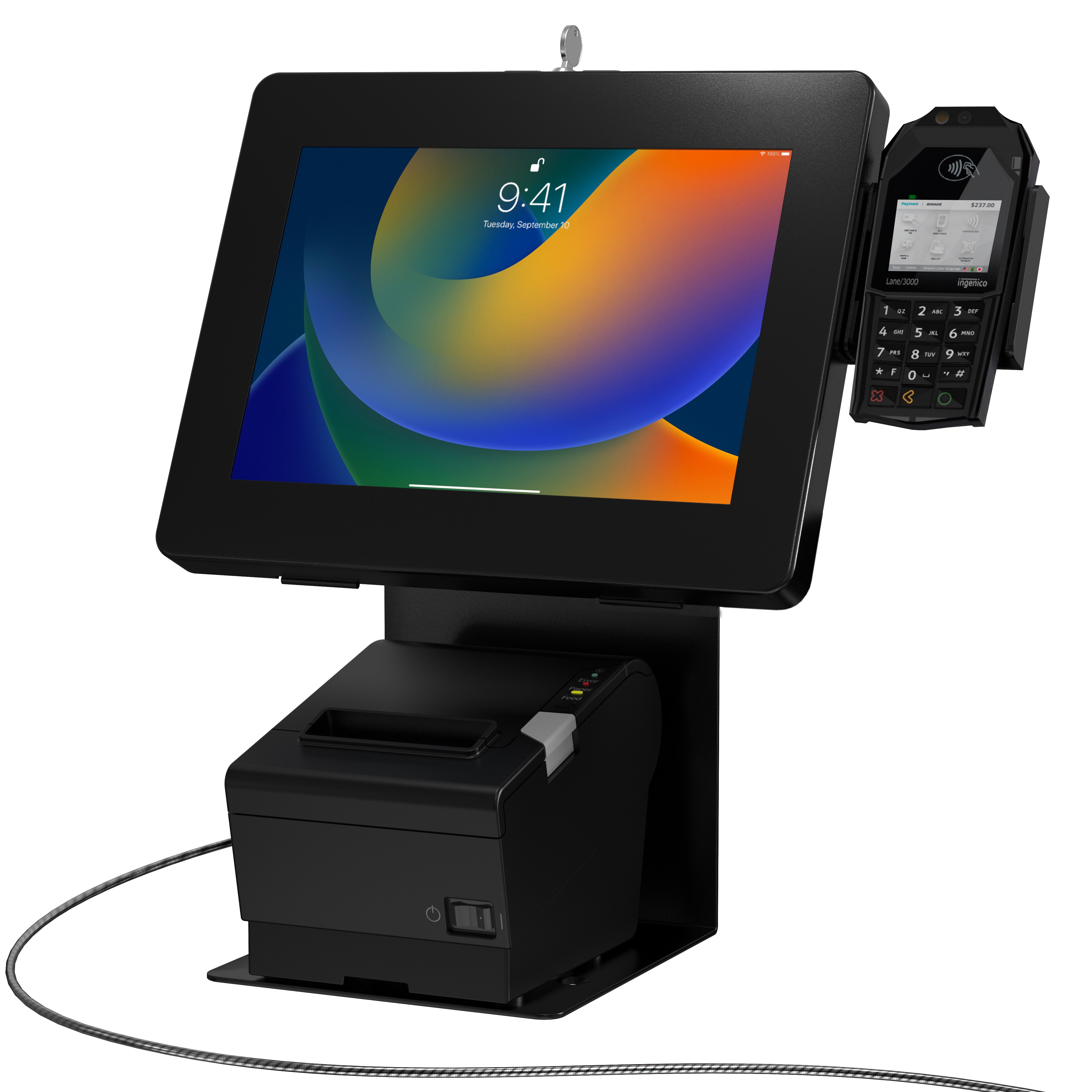 Single VESA Plate POS Station with Printer Stand, Magnetic Scanner & Card Reader Holder