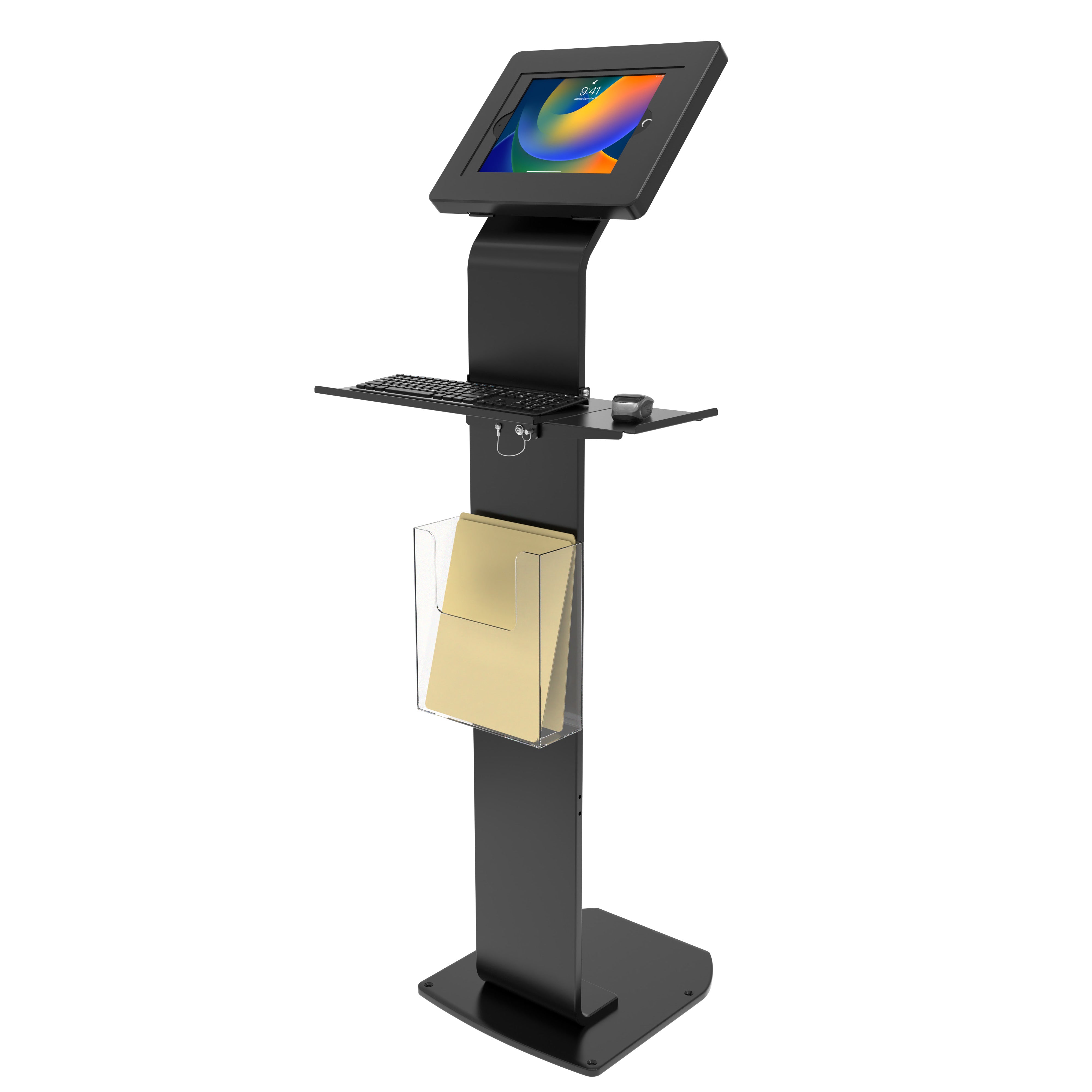 Premium Locking Floor Stand Kiosk with Universal Security Enclosure, Keyboard Tray, and Storage Compartment