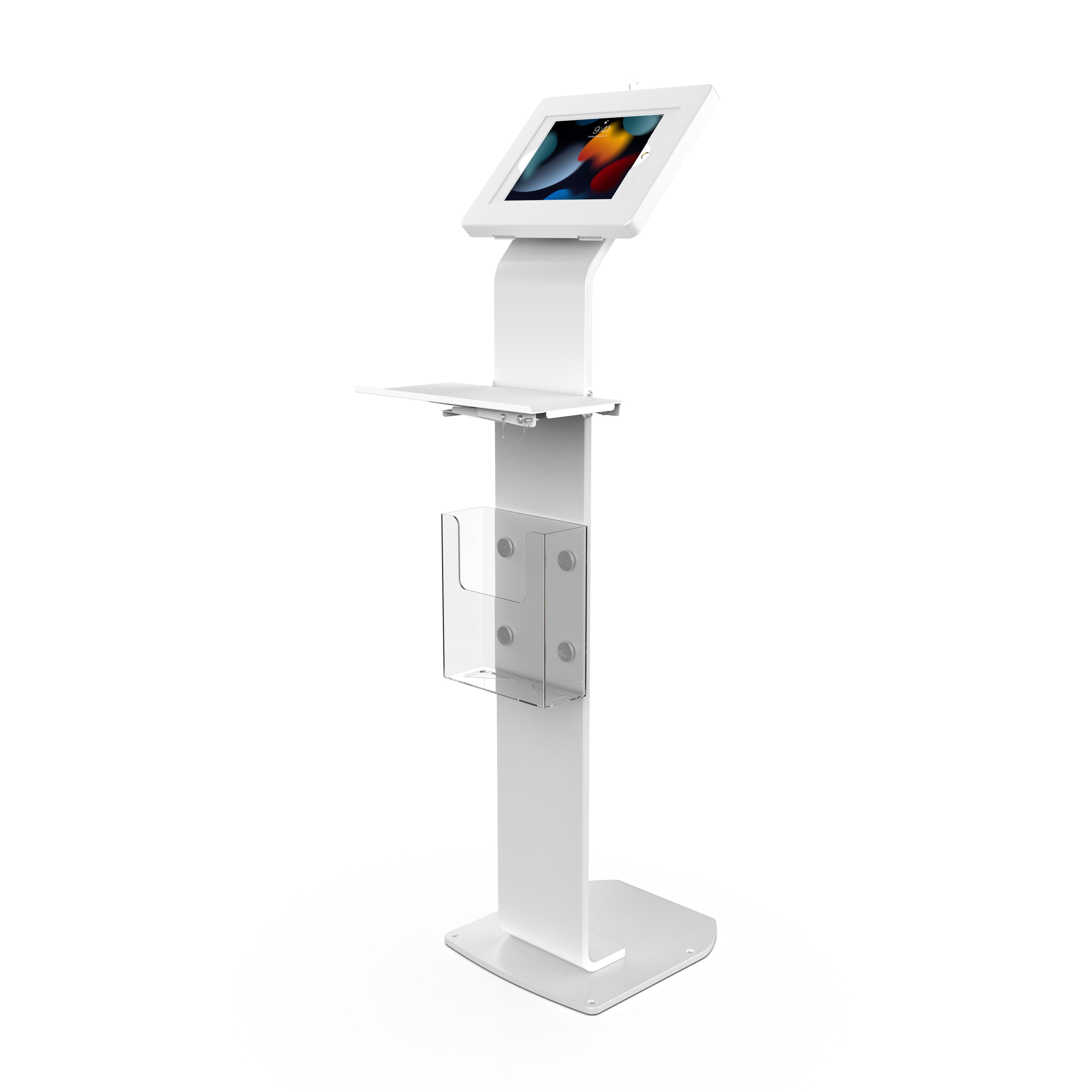 Premium Locking Floor Stand Kiosk with Universal Security Enclosure, Keyboard Tray, and Storage Compartment