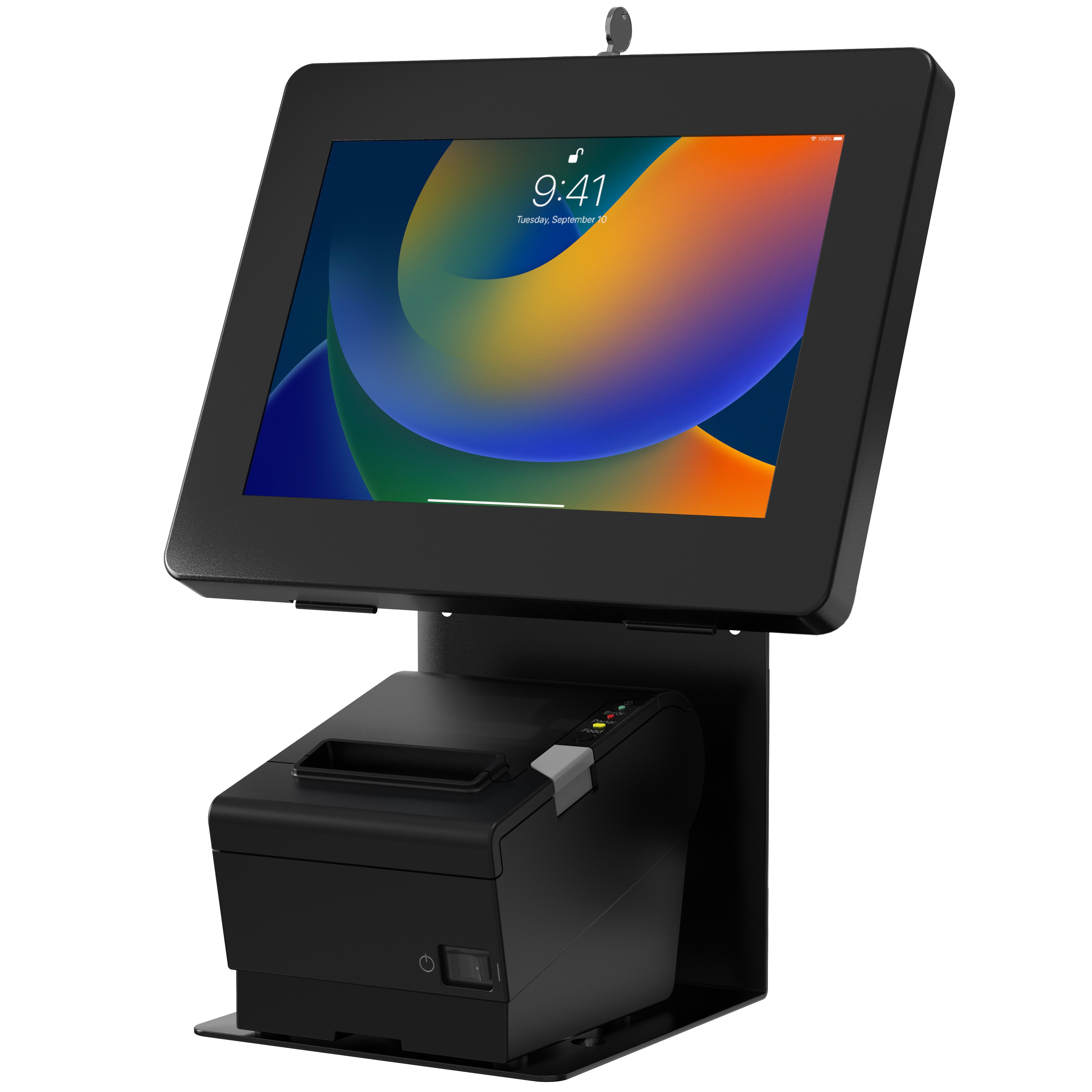 POS Station With Printer Stand and Black Security Enclosure