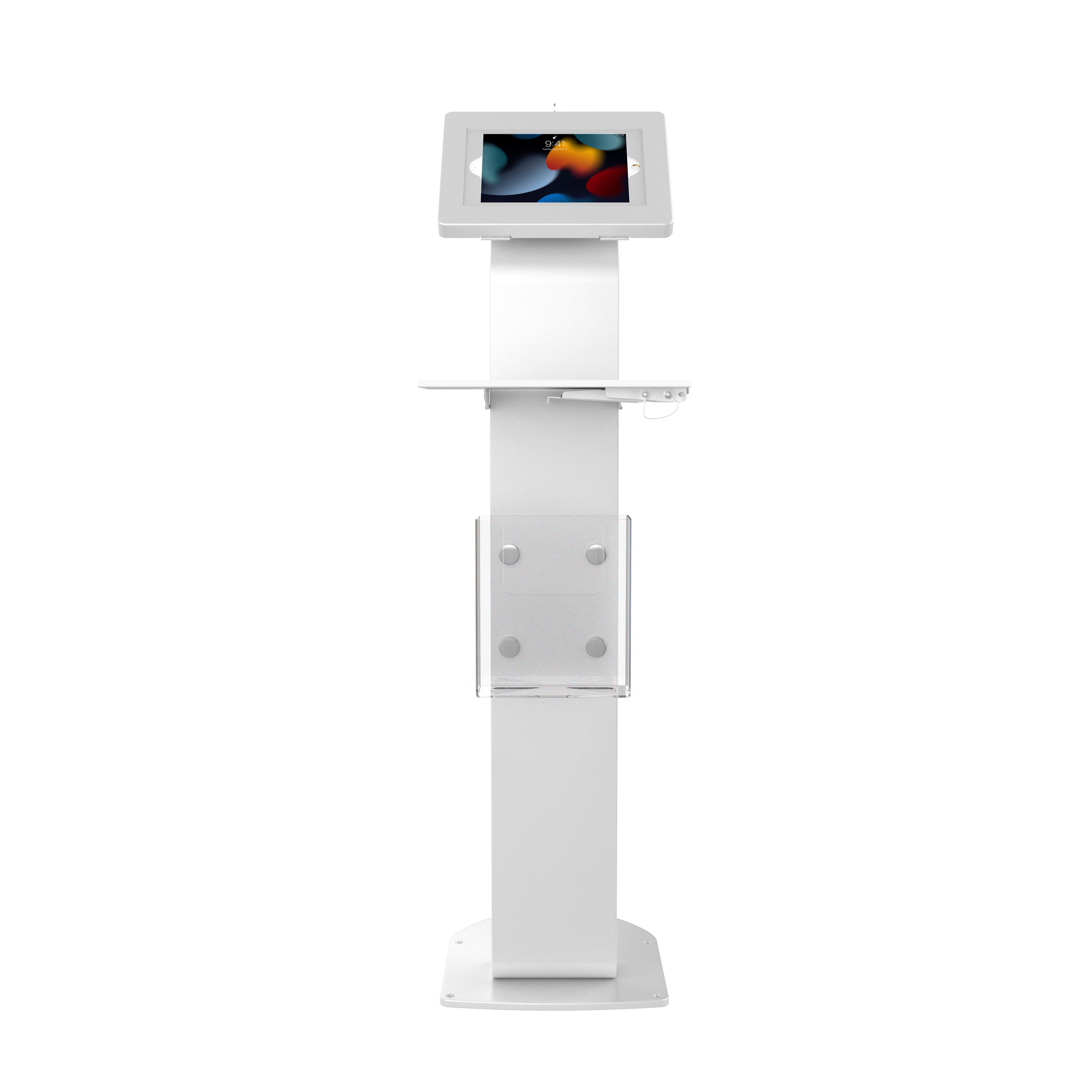 Premium Locking Floor Stand Kiosk with Universal Security Enclosure, Keyboard Tray, and Storage Compartment