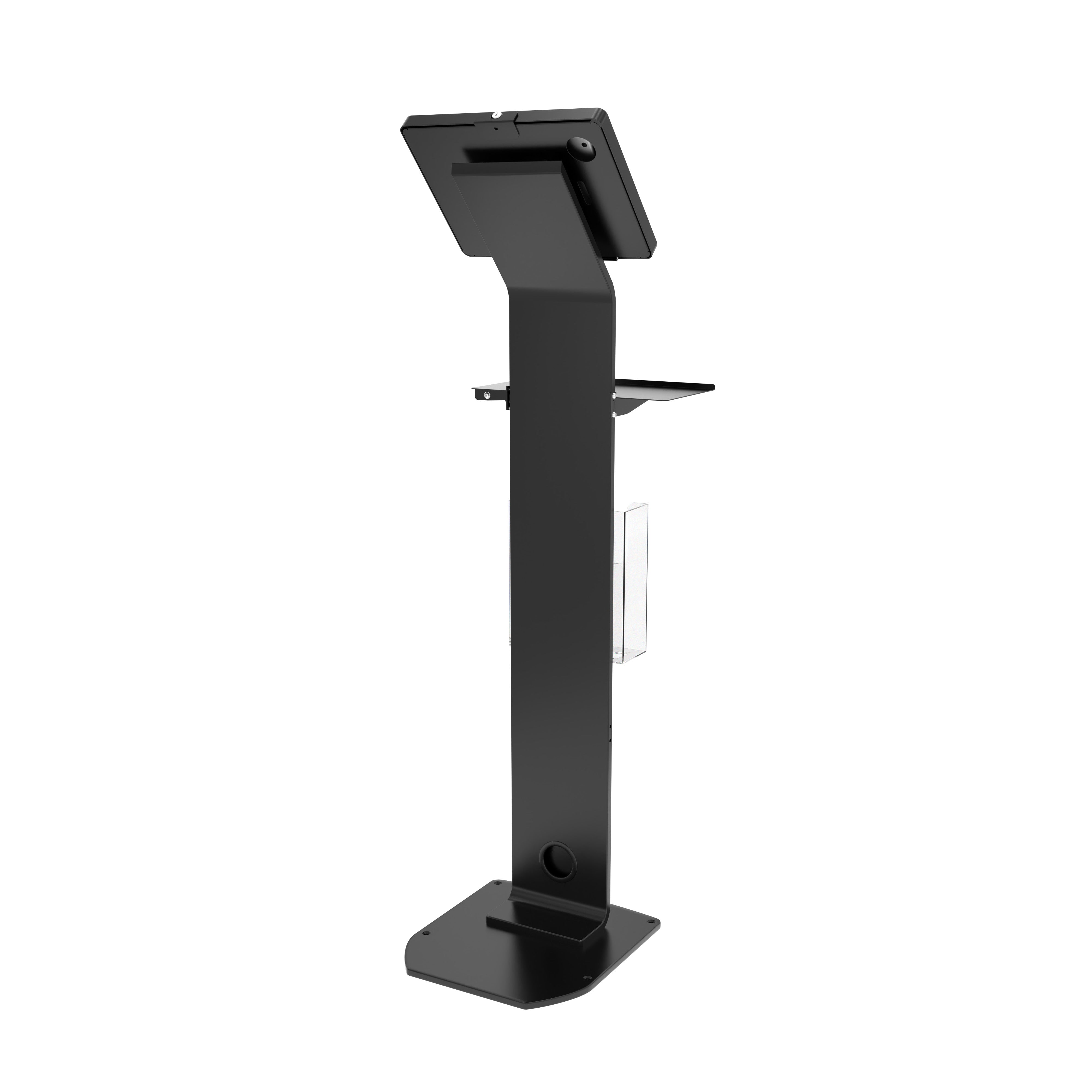 Premium Locking Floor Stand Kiosk with Universal Security Enclosure, Keyboard Tray, and Storage Compartment