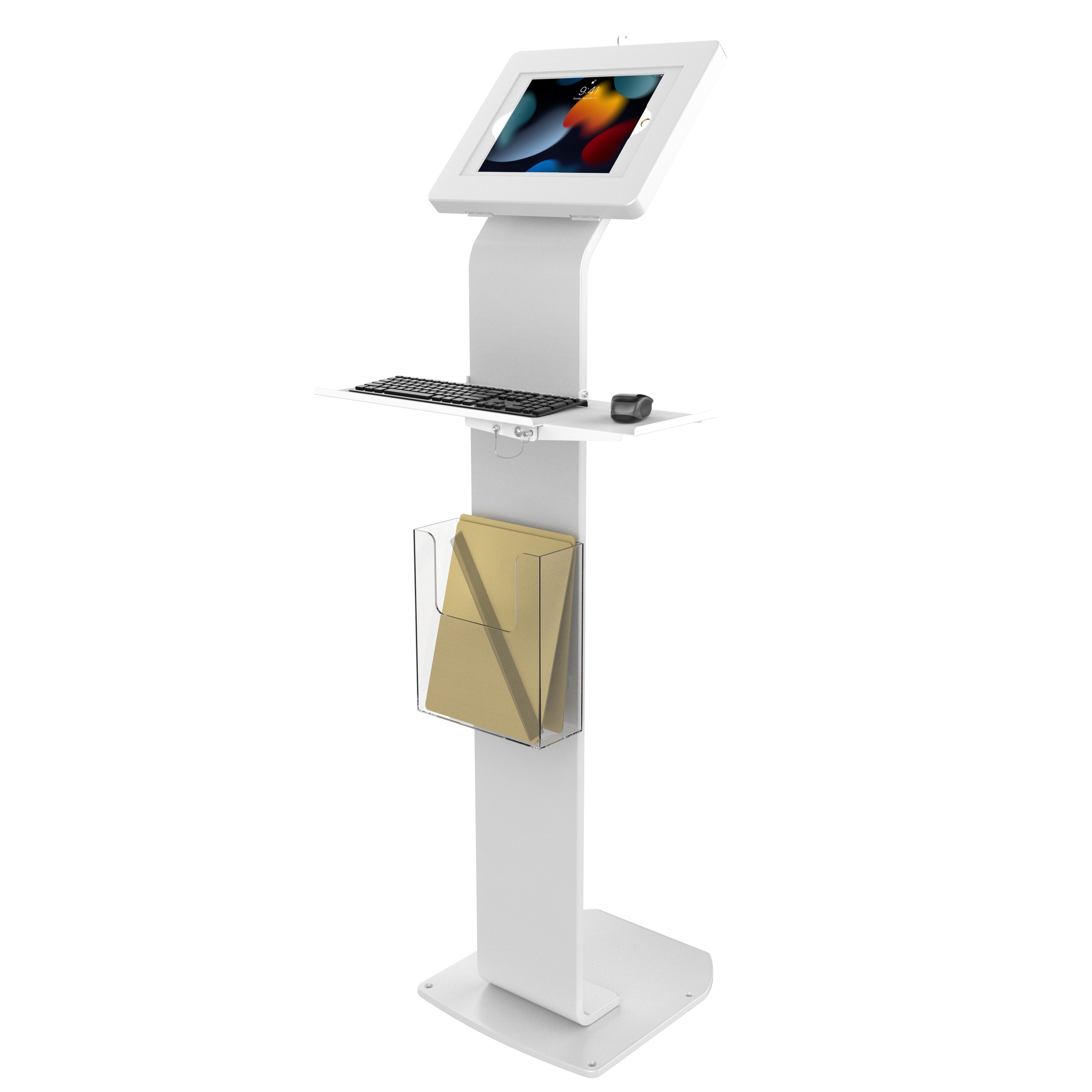 Premium Locking Floor Stand Kiosk with Universal Security Enclosure, Keyboard Tray, and Storage Compartment