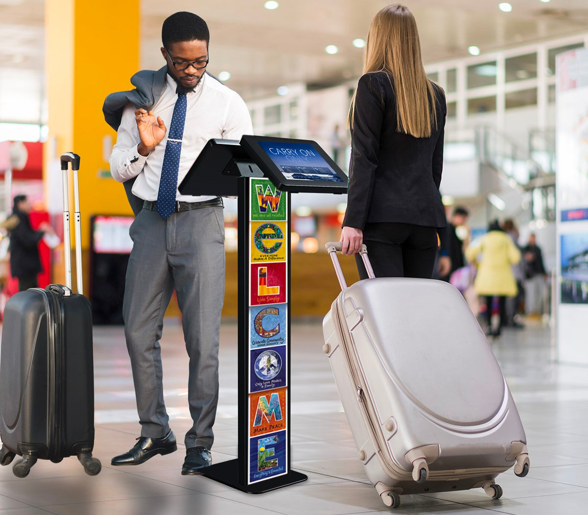 Customizable Dual Enclosure Locking Floor Stand Kiosk w/ Graphic Card Slot for Branding