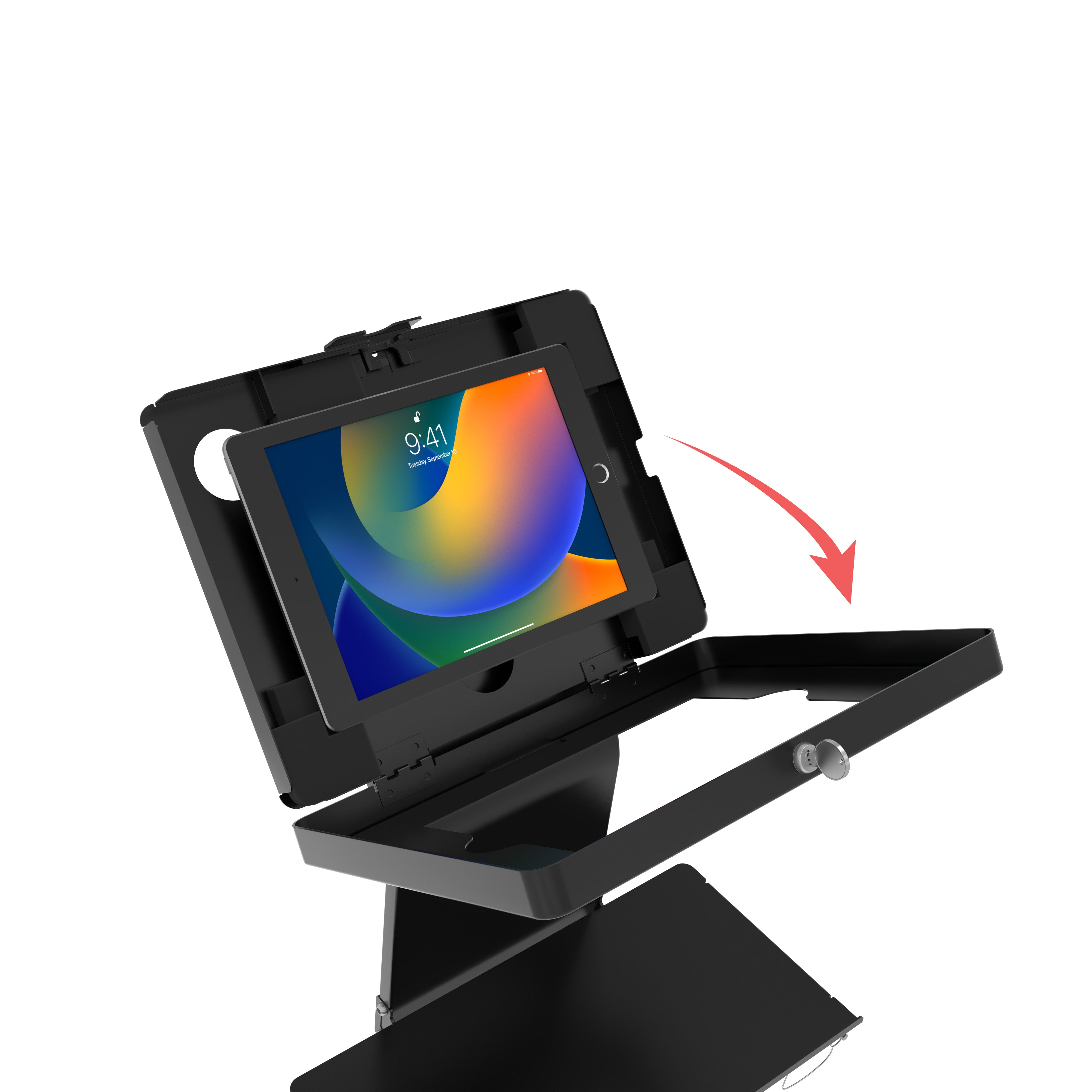 Premium Locking Floor Stand Kiosk with Universal Security Enclosure, Keyboard Tray, and Storage Compartment