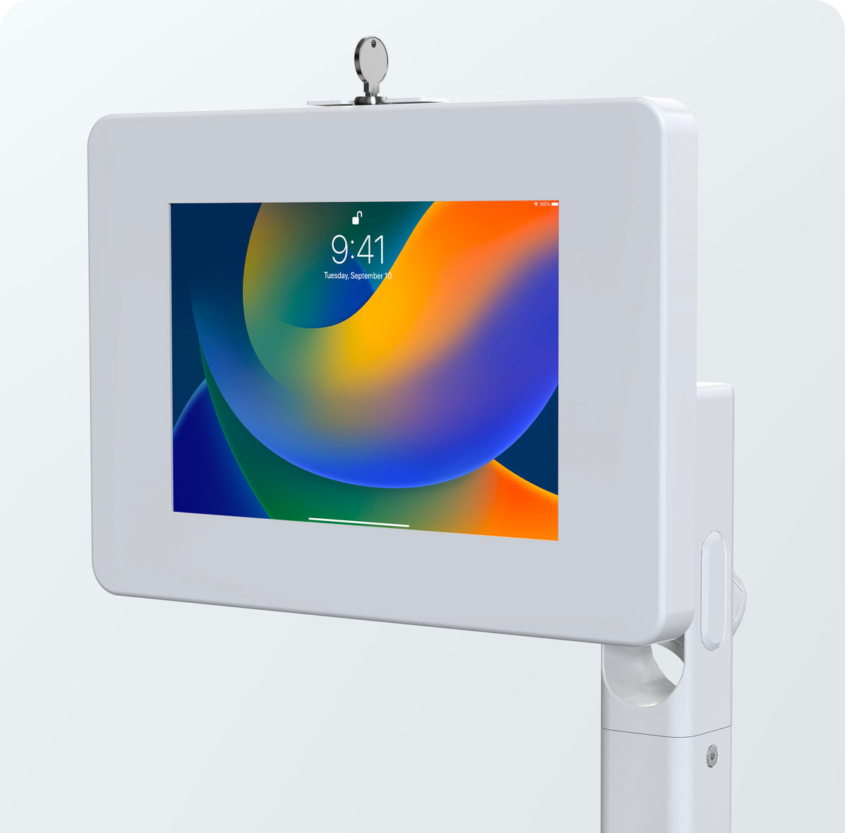 Mobile Rolling Spring Adjustable Floor Stand with Premium Locking Enclosure (White) for Small Tablets