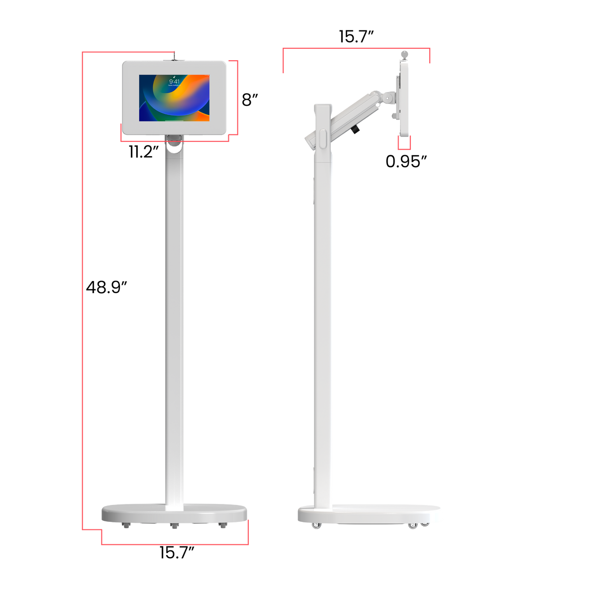 Mobile Rolling Spring Adjustable Floor Stand with Premium Locking Enclosure (White) for Small Tablets