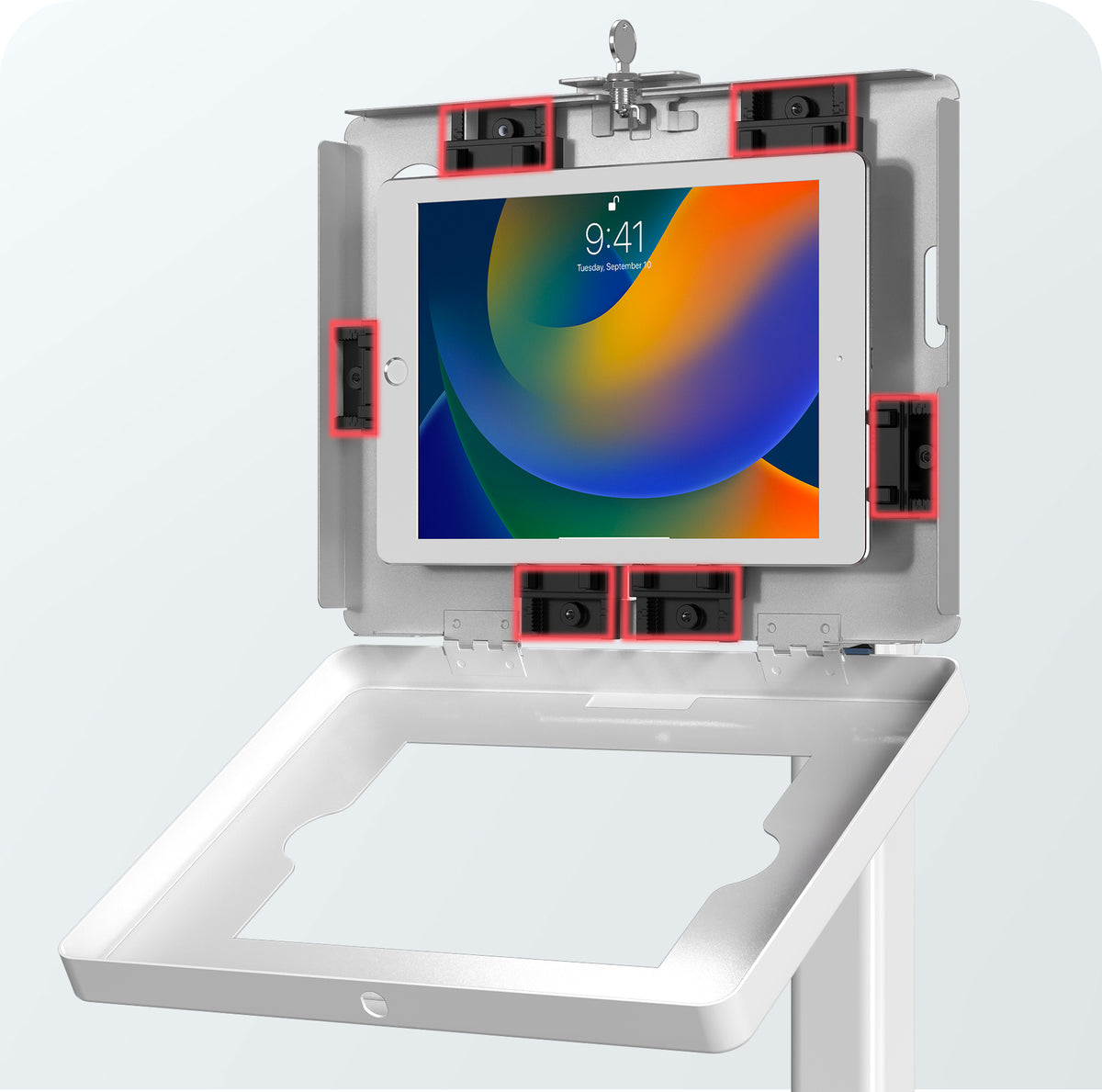 Spring Adjustable Floor Stand with Universal Security Enclosure for Large Tablets