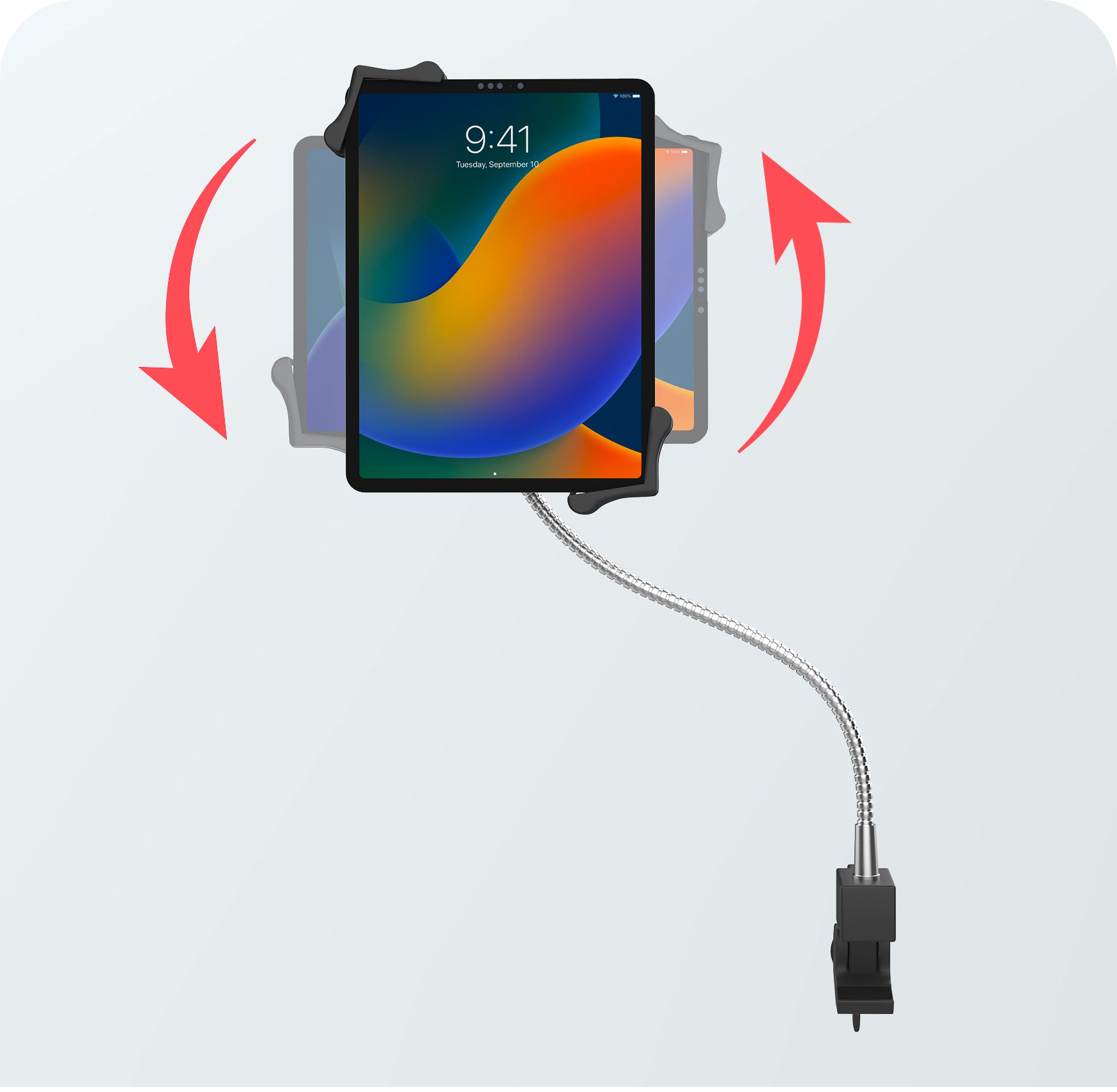Slide-Adjustable Tablet Holder Tilts 
and Rotates 360 Degrees