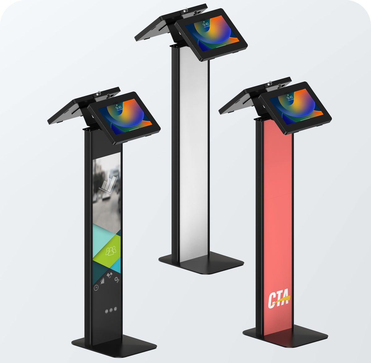Customizable Dual Enclosure Locking Floor Stand Kiosk w/ Graphic Card Slot for Branding
