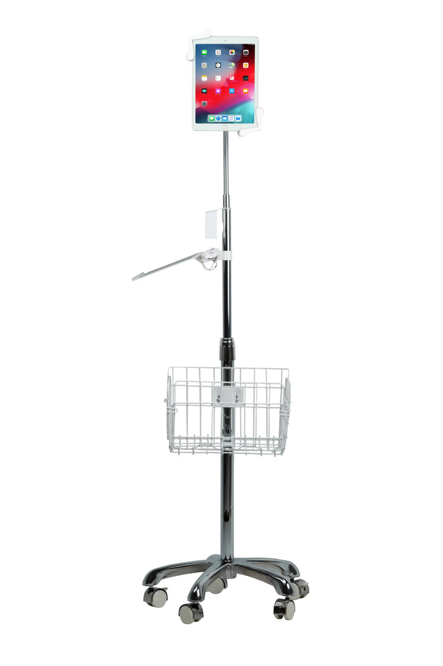 Heavy-Duty Gooseneck Floor Stand with VESA Plate and Storage Basket