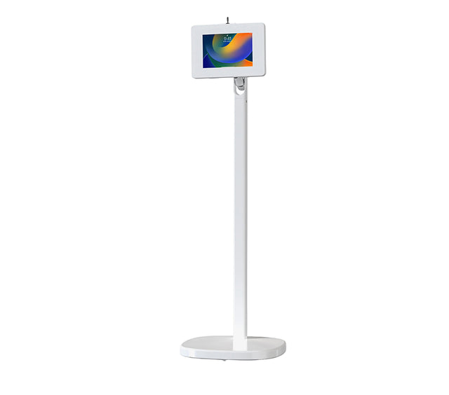 Mobile Rolling Spring Adjustable Floor Stand with Premium Locking Enclosure (White) for Small Tablets