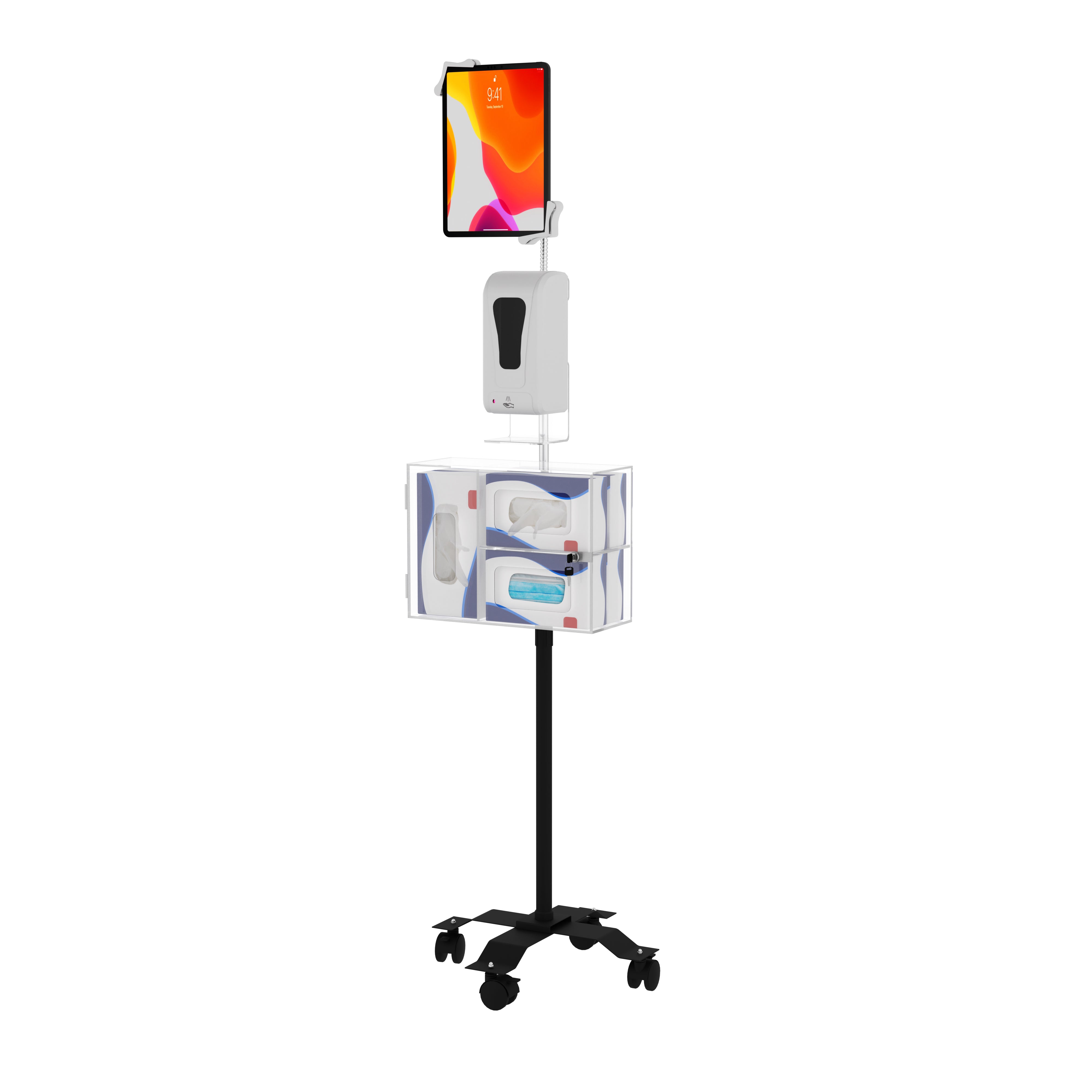 Compact Gooseneck Floor Stand for 7-13 Inch Tablets with Sanitizing Station &amp; Automatic Soap Dispenser
