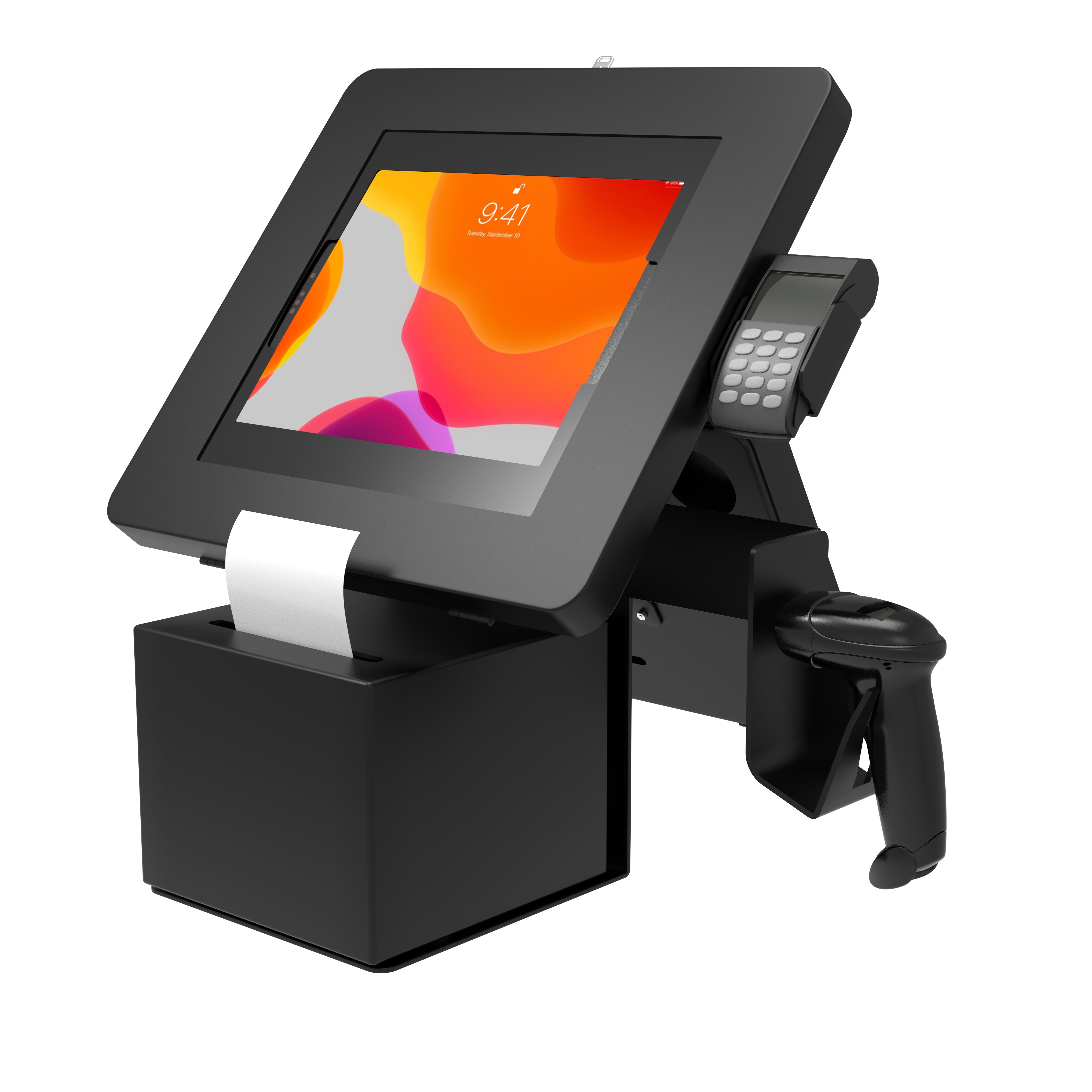 POS Station with Printer Stand, Magnetic Scanner Holder, Card Reader Holder & 2 Security Enclosures for 11-inch iPad Air M2/ Pro M4 (2024) & more