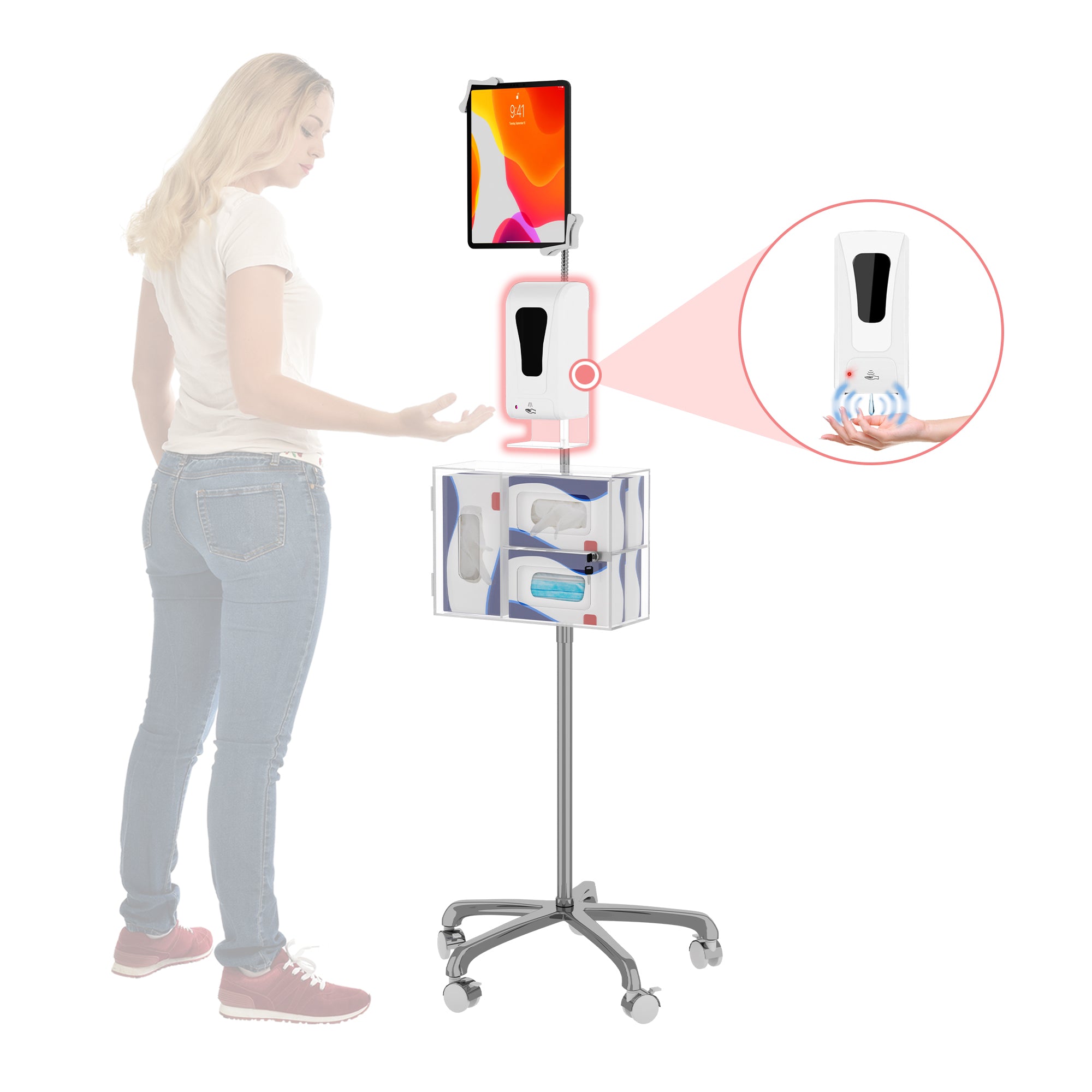 Heavy-Duty Gooseneck Floor Stand for 7-13 Inch Tablets with Sanitizing Station &amp; Automatic Soap Dispenser