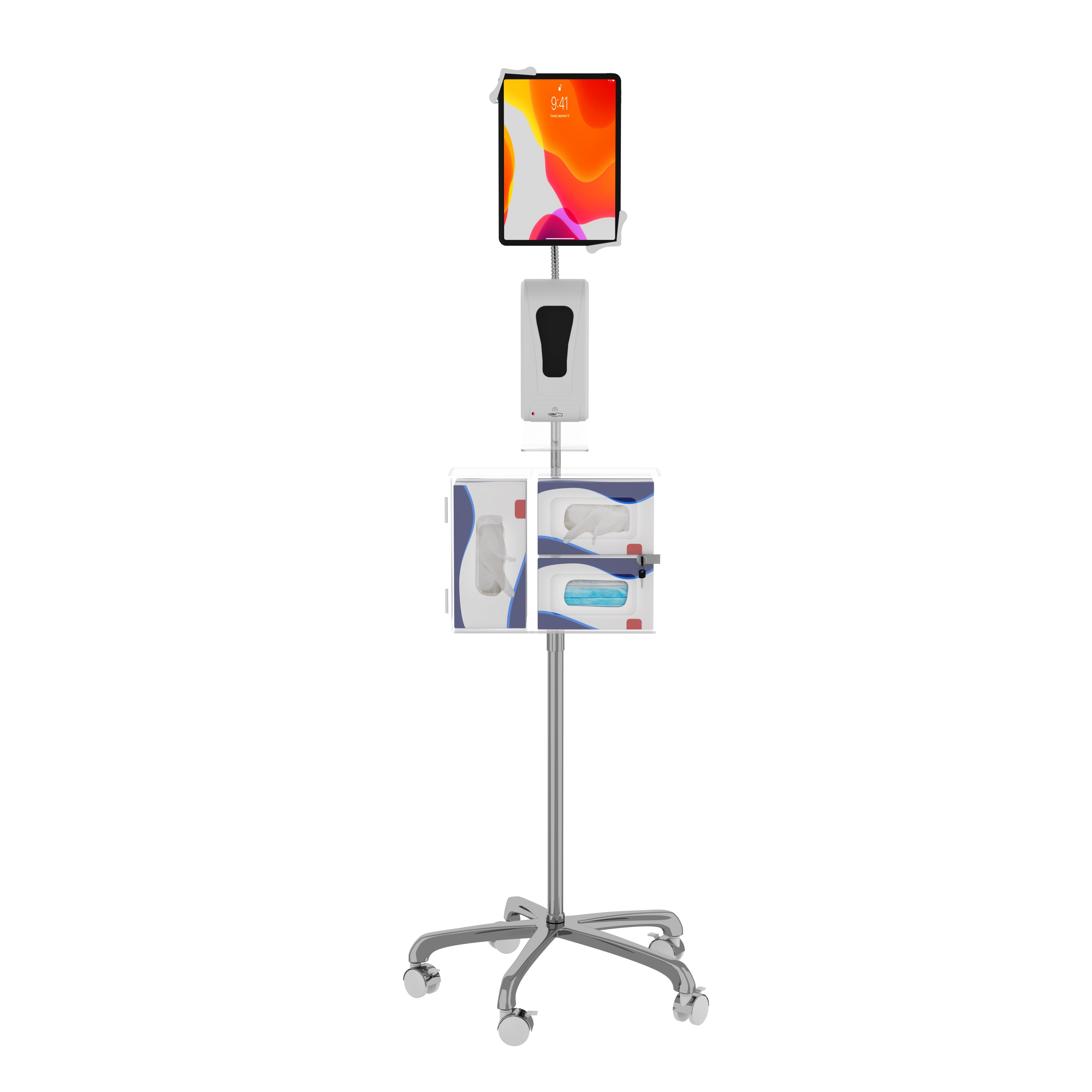 Heavy-Duty Security Gooseneck Floor Stand w/ Sanitizing Station & Automatic Soap Dispenser for 7 - 13 Inch Tablets