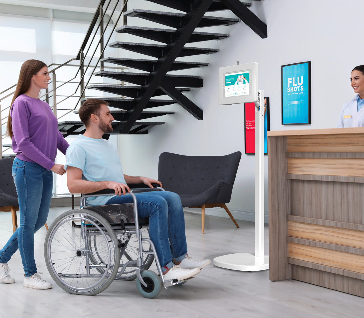 Spring Adjustable Floor Stand with Universal Security Enclosure for Large Tablets