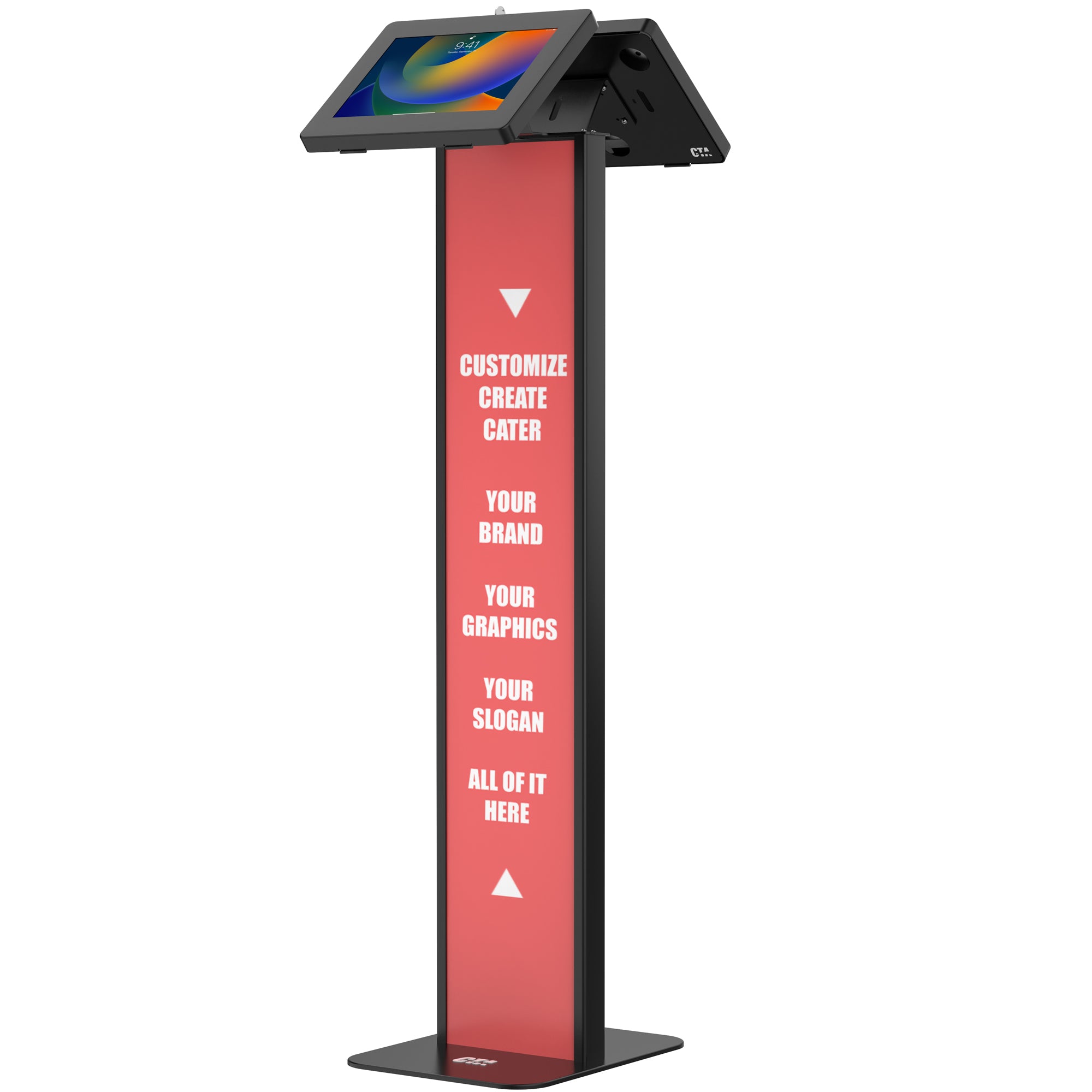Customizable Dual Enclosure Locking Floor Stand Kiosk with Graphic Card Slot for Branding for 10.2" iPad 7th/ 8th/ 9th Gen &amp; More