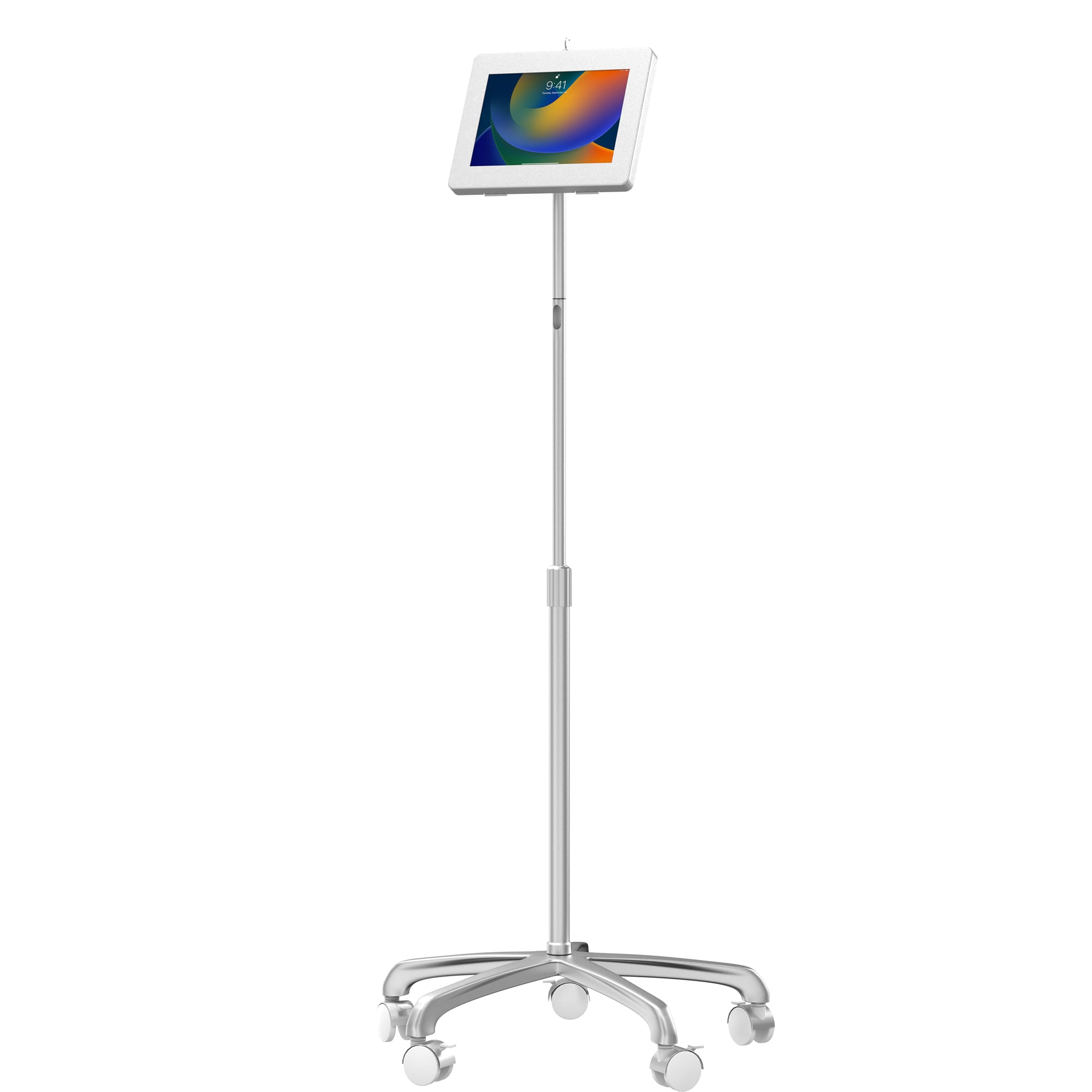 Heavy-Duty Mobile Floor Stand with Universal Security Enclosure for 11 inch iPad Air M2/ Pro M4 (2024) & more (White)