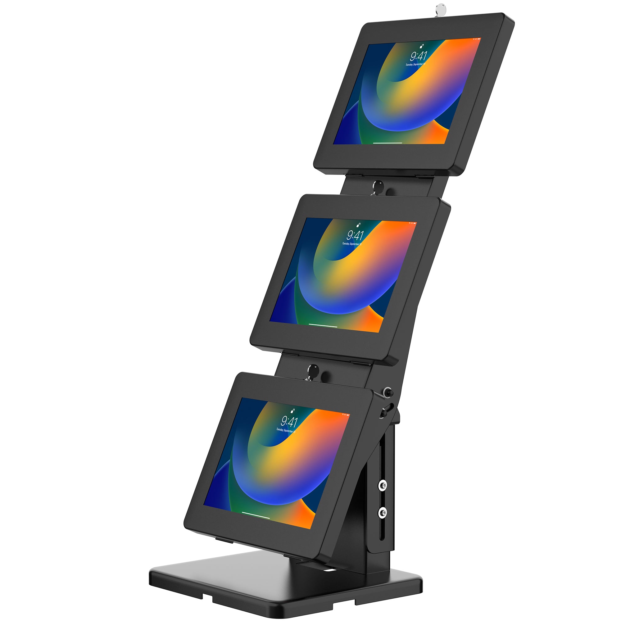 Triple-Screen Adjustable Kiosk w/ Security Enclosures for 11-inch iPad Air M2/ Pro M4 (2024) & more