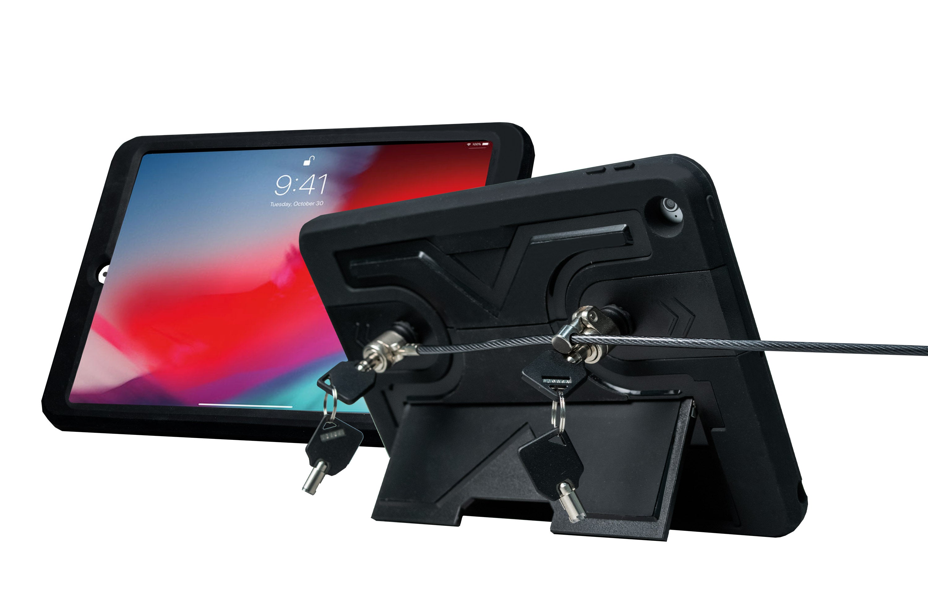 Rugged Security Case with Kickstand and Anti-Theft Cable for iPad Pro 9.7, iPad (Gen. 5-6), and iPad Air (Gen. 1-2)