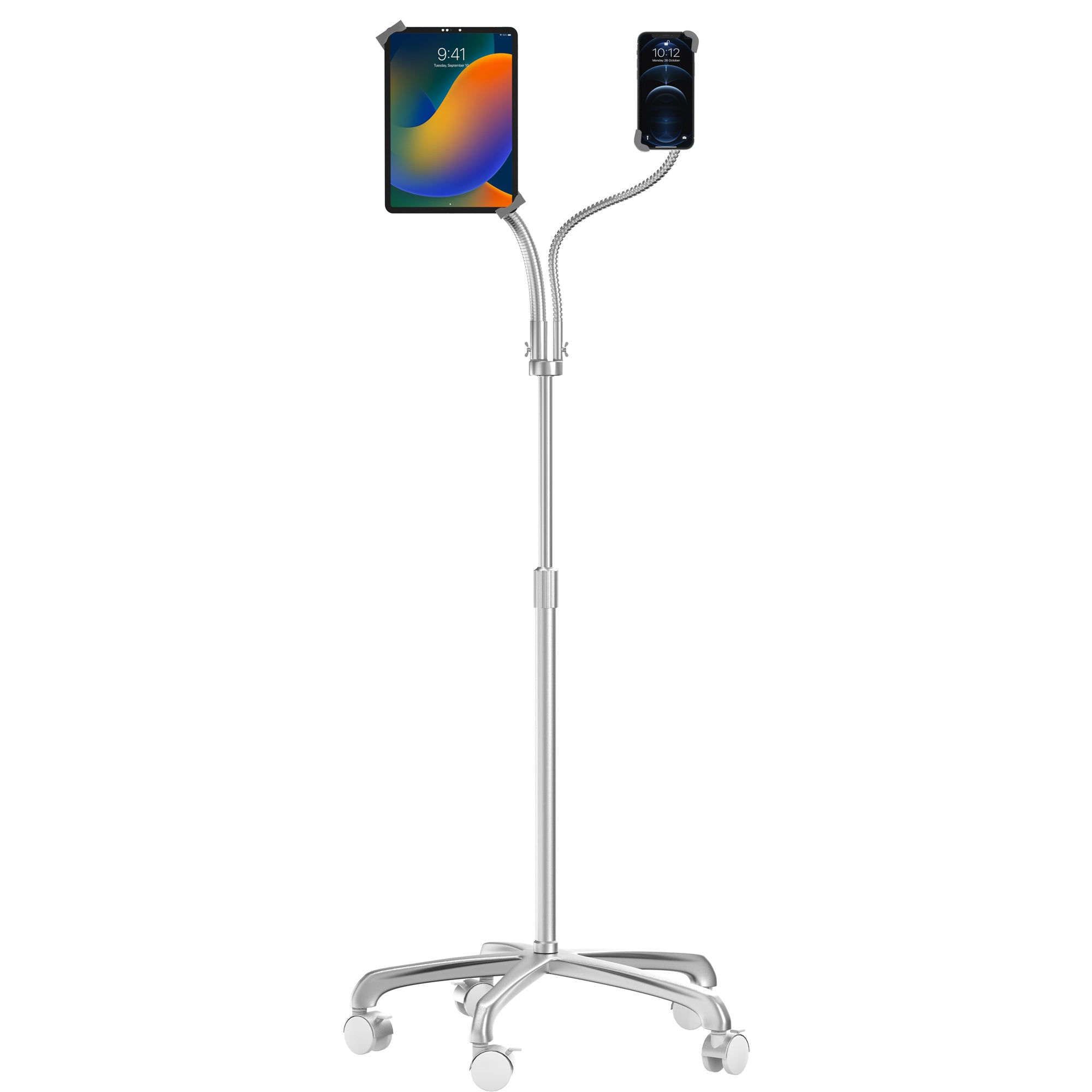 Heavy-Duty Security Floor Stand with Dual Goosenecks for Phone and Tablet