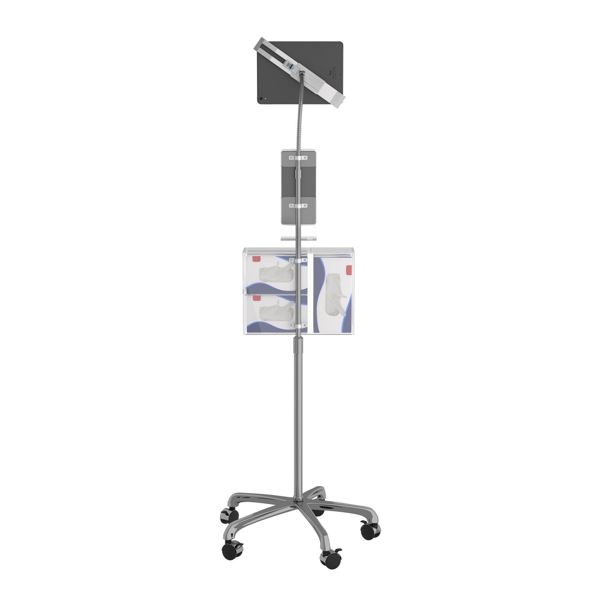 Heavy-Duty Security Gooseneck Floor Stand for 7-13 Inch Tablets with Sanitizing Station &amp; Automatic Soap Dispenser