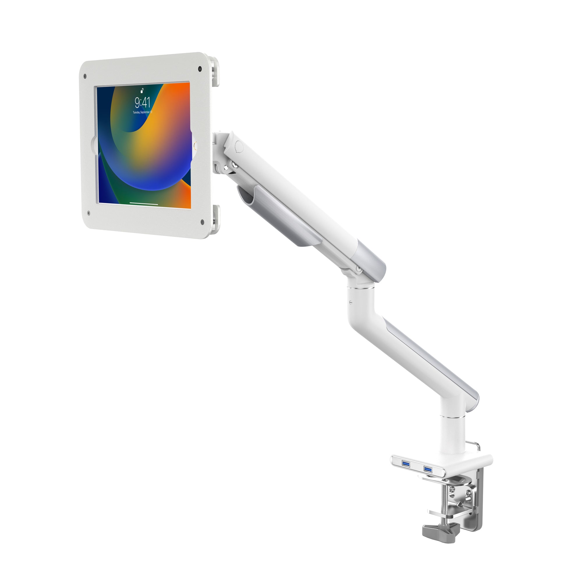 Slim Spring Arm Mount w/ USB Ports and Universal Security Enclosure for Medium Size Tablets