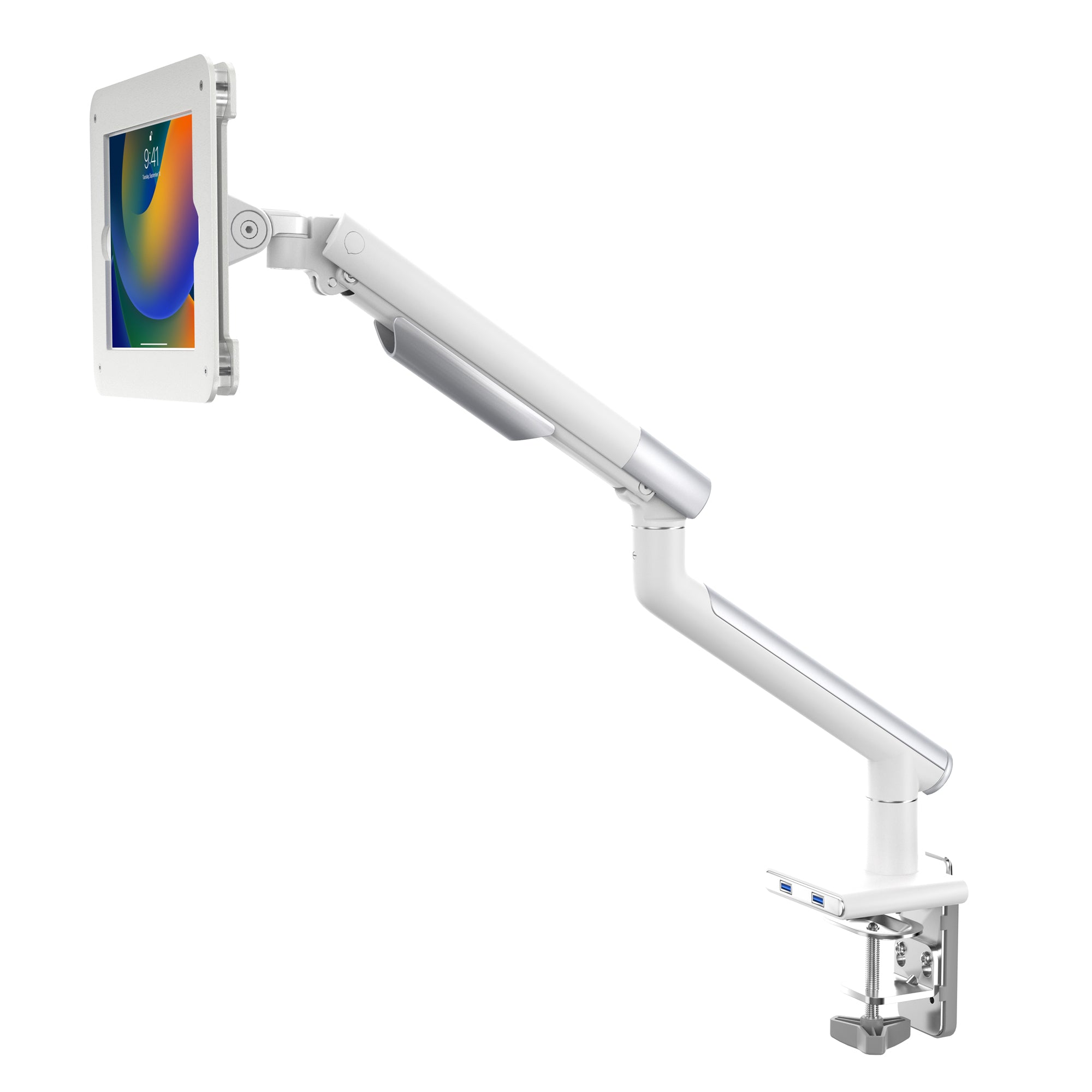 Slim Spring Arm Mount w/ USB Ports and Universal Security Enclosure for Medium Size Tablets