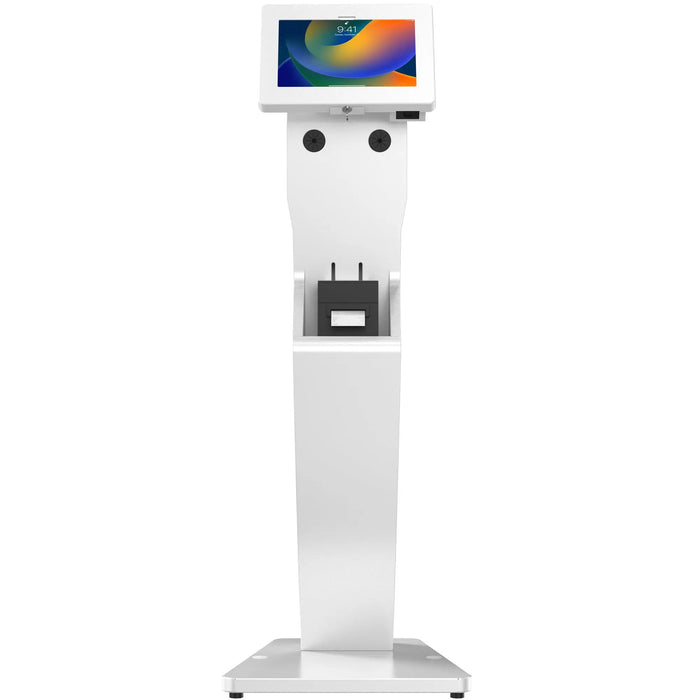 Sleek Floor Stand with Printer Slot, Security Enclosure and Integrated Honeywell 2D Scanner (White) CTA DIGITAL