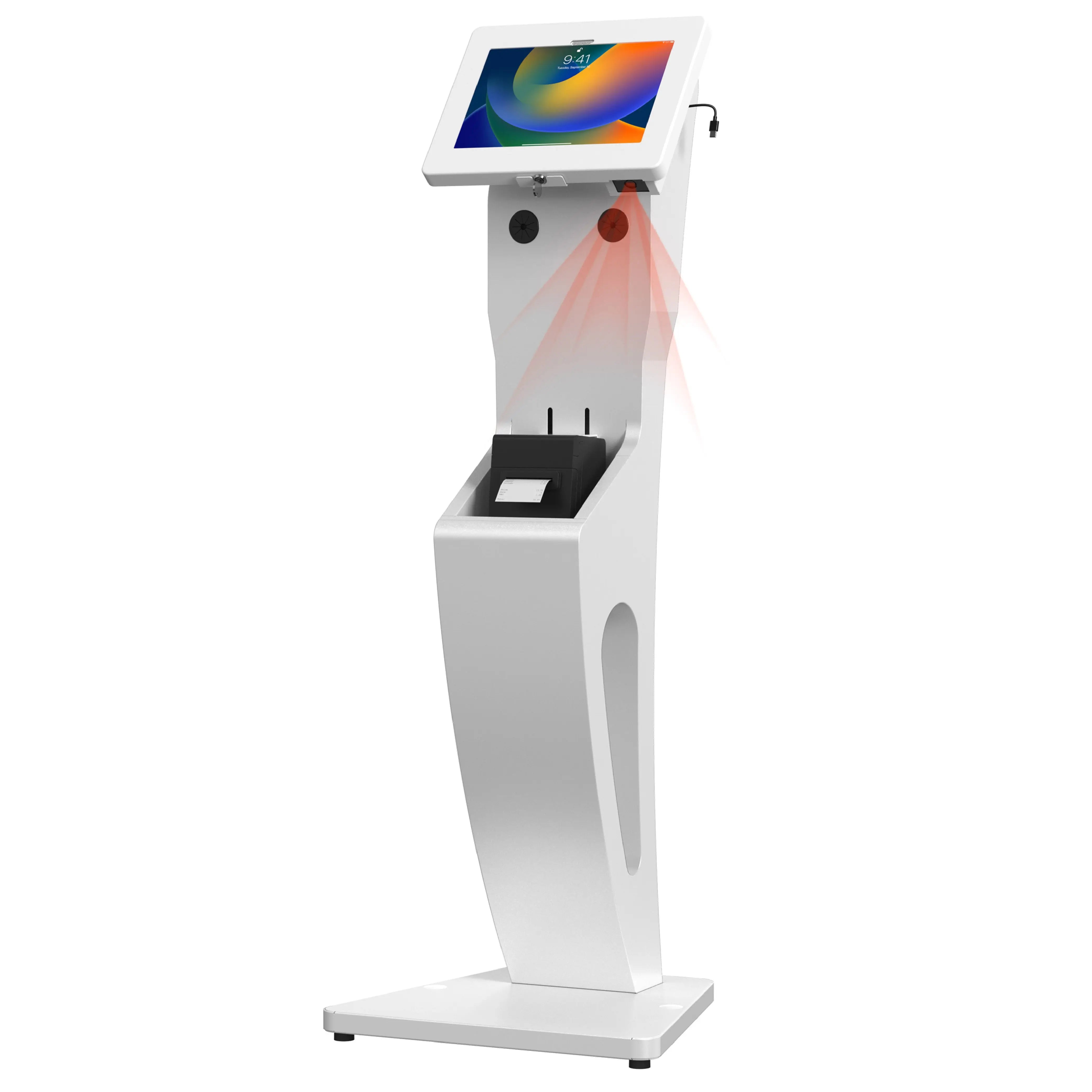 Sleek Floor Stand with Printer Slot, Security Enclosure and Integrated Honeywell 2D Scanner (White) CTA DIGITAL