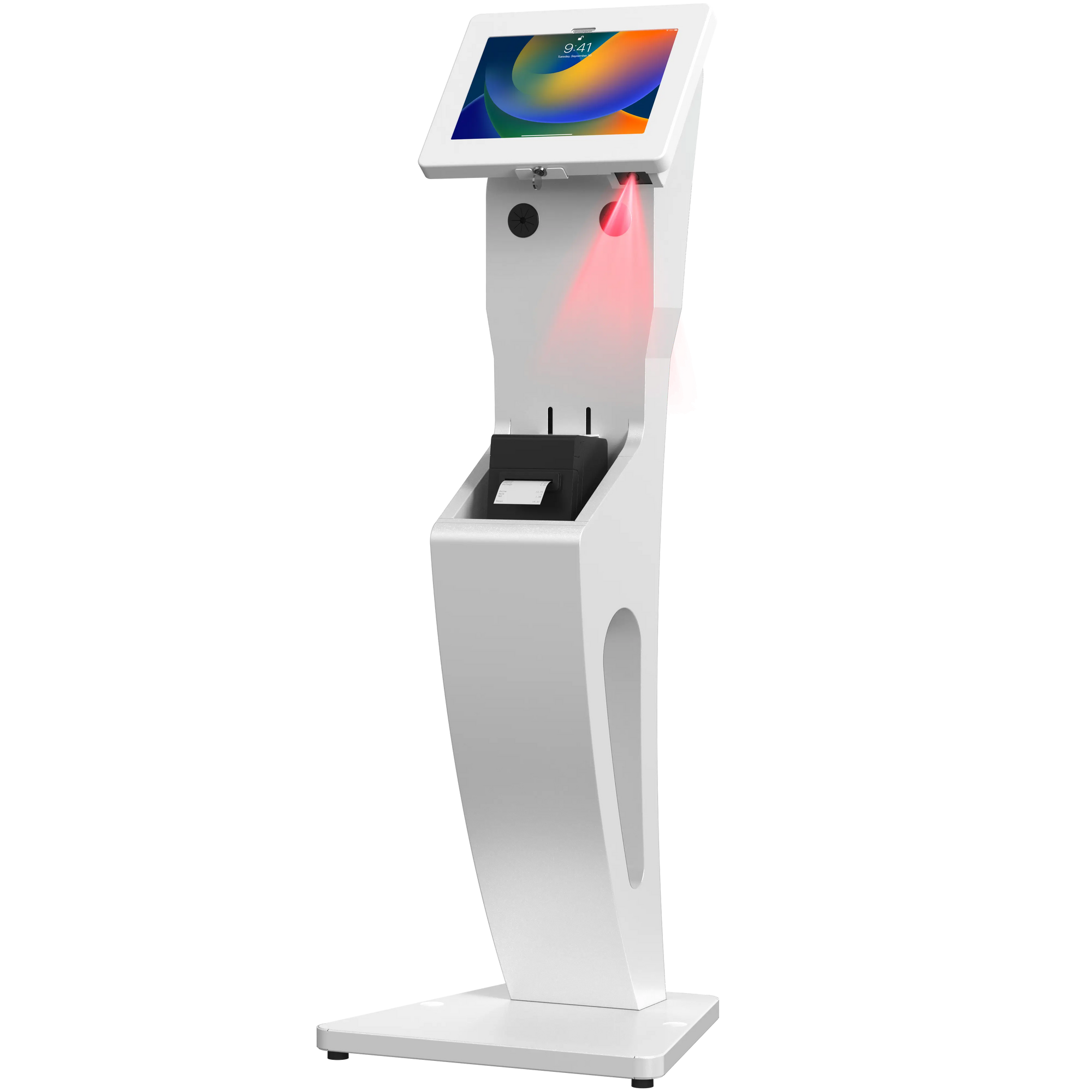 Sleek Floor Stand with Printer Slot, Security Enclosure and Integrated Honeywell 2D Scanner (White) CTA DIGITAL