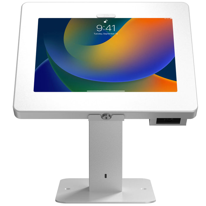 Sleek Rotating Desk Mount with Security Enclosure and Integrated Honeywell 2D Scanner (White) CTA DIGITAL
