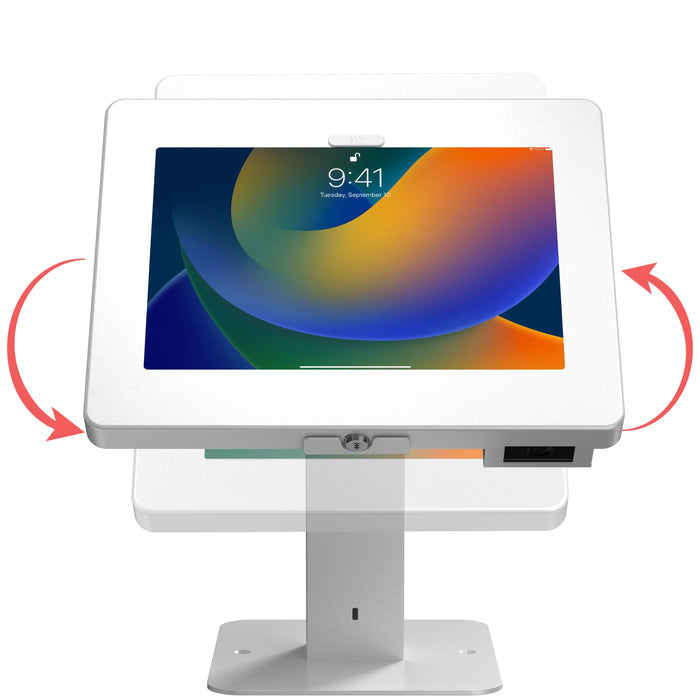 Sleek Rotating Desk Mount with Security Enclosure and Integrated Honeywell 2D Scanner (White) CTA DIGITAL