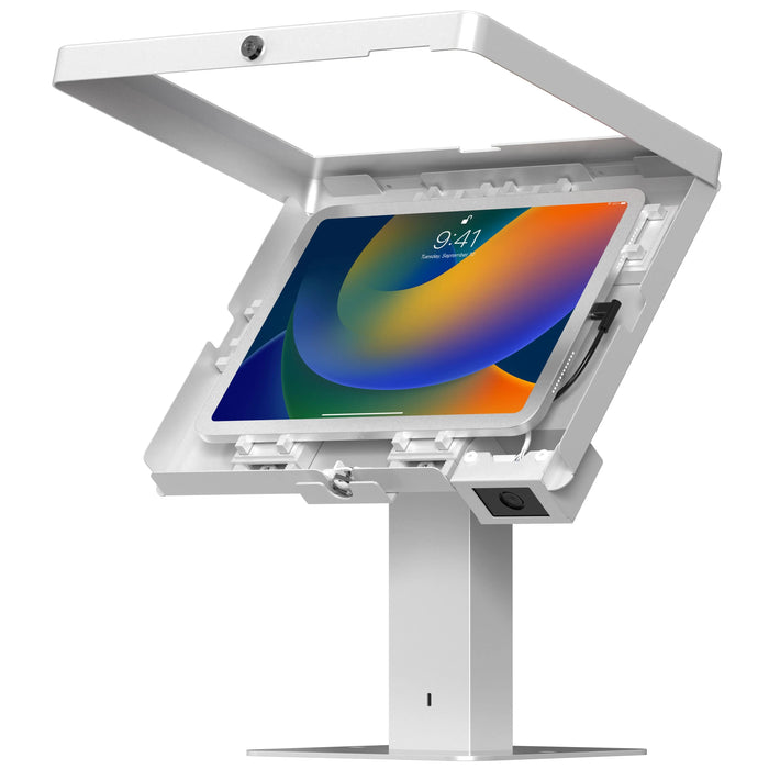 Sleek Rotating Desk Mount with Security Enclosure and Integrated Honeywell 2D Scanner (White) CTA DIGITAL