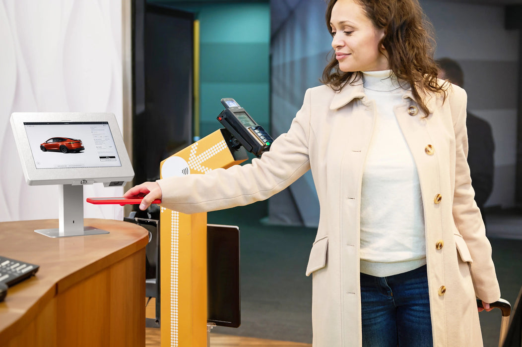 Sleek Rotating Desk Mount with Security Enclosure and Integrated Honeywell 2D Scanner (White) CTA DIGITAL