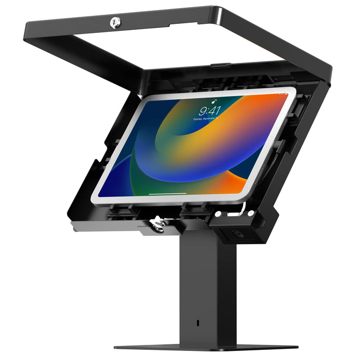 Sleek Rotating Desk Mount with Security Enclosure and Integrated Honeywell 2D Scanner (White) CTA DIGITAL