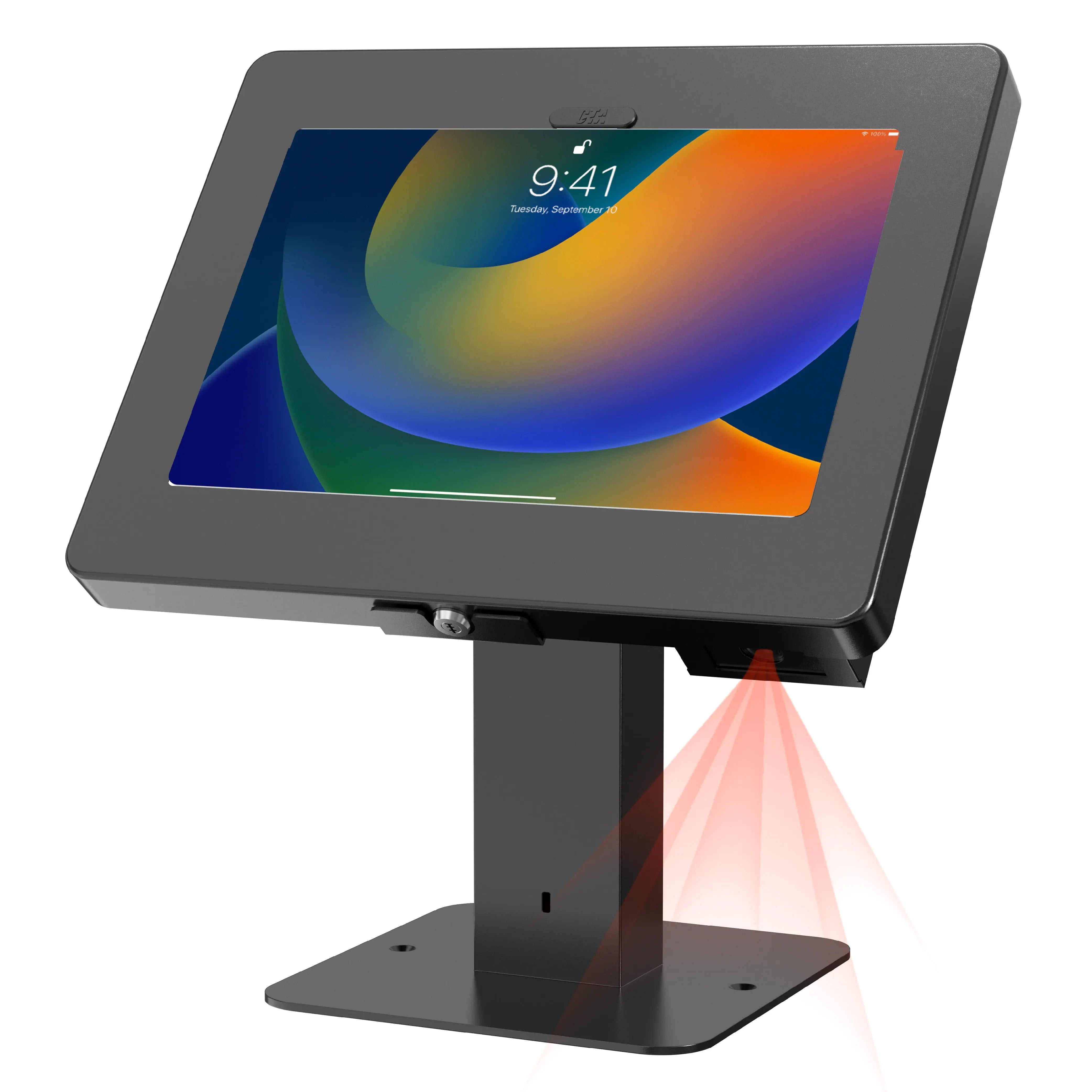 Sleek Rotating Desk Mount with Security Enclosure and Integrated Honeywell 2D Scanner (White) CTA DIGITAL