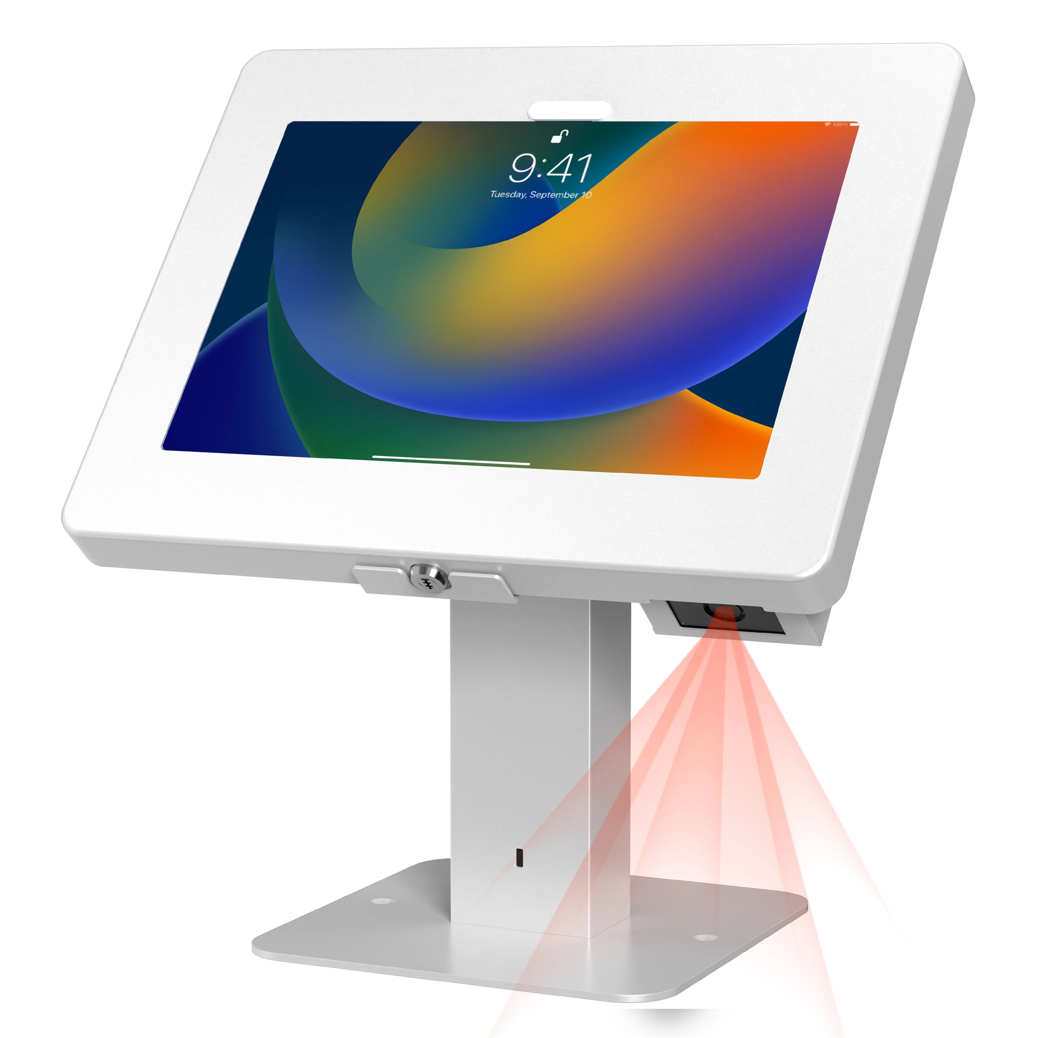 Sleek Rotating Desk Mount with Security Enclosure and Integrated Honeywell 2D Scanner (White) CTA DIGITAL