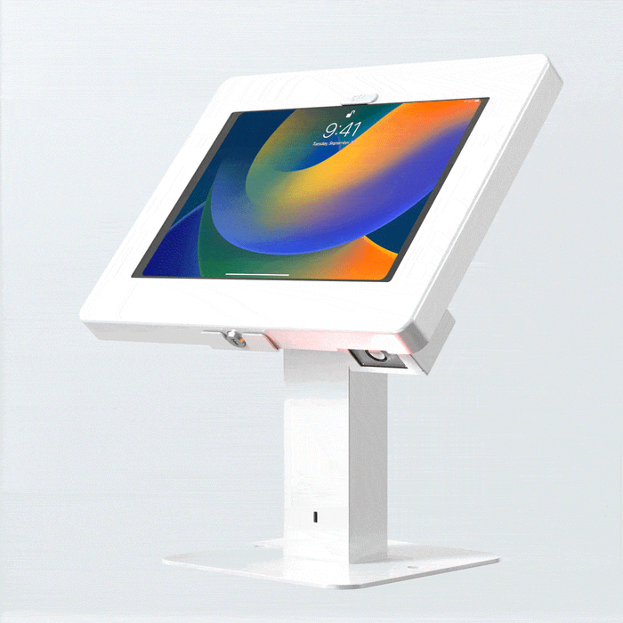 Sleek Rotating Desk Mount with Security Enclosure and Integrated Honeywell 2D Scanner (White) CTA DIGITAL