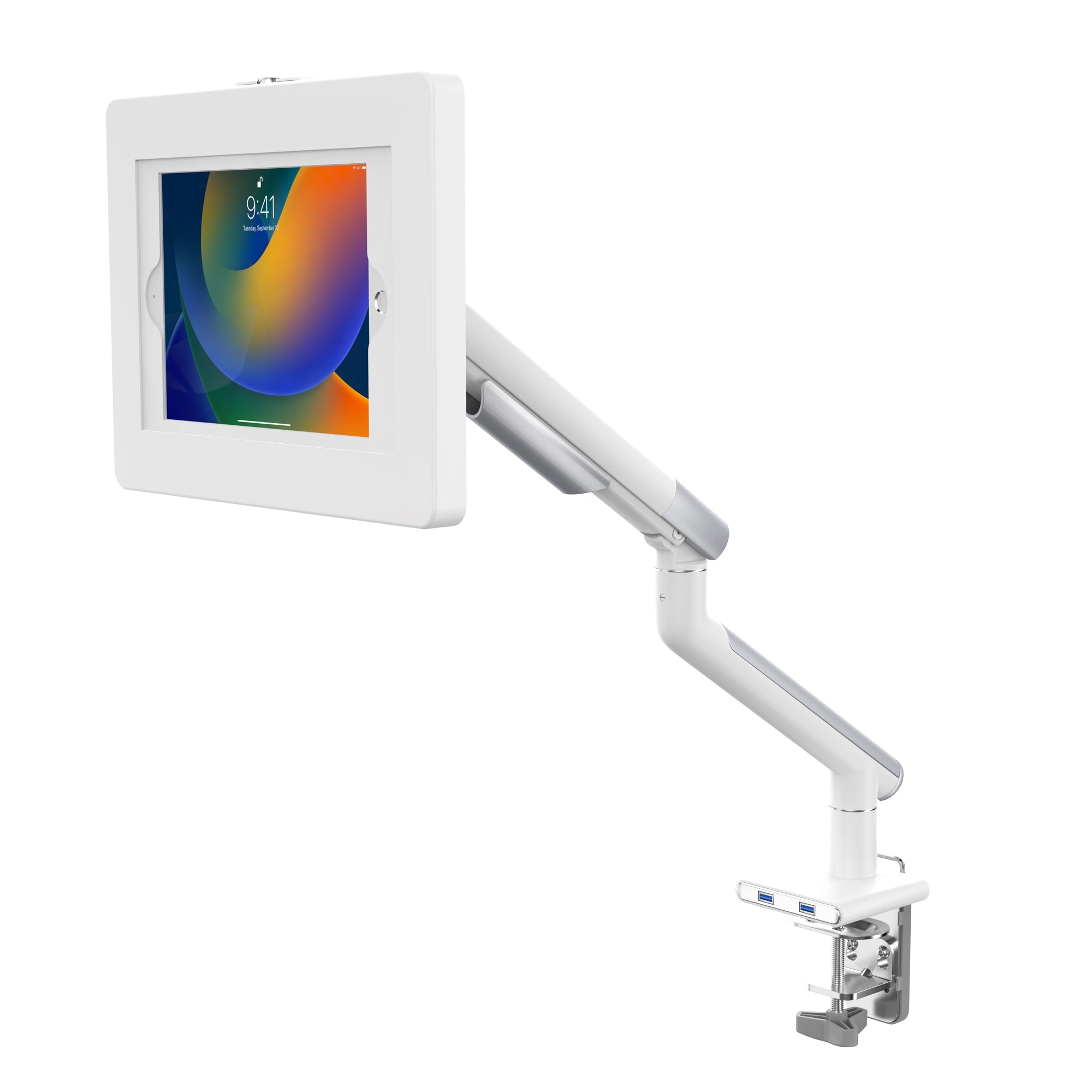 Slim Spring Arm Mount w/ USB Ports and Universal Security Enclosure for Medium Size Tablets