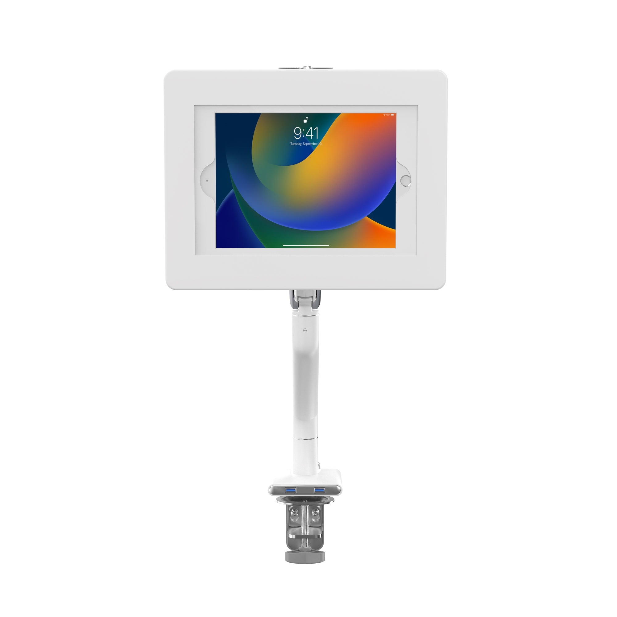 Slim Spring Arm Mount w/ USB Ports and Universal Security Enclosure for Medium Size Tablets