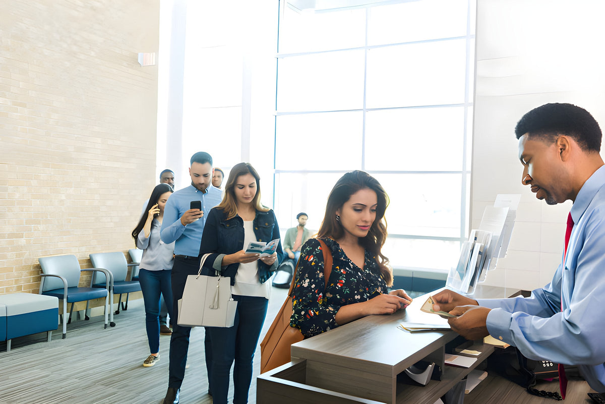 Visitors queuing at a public service counter in a library branch