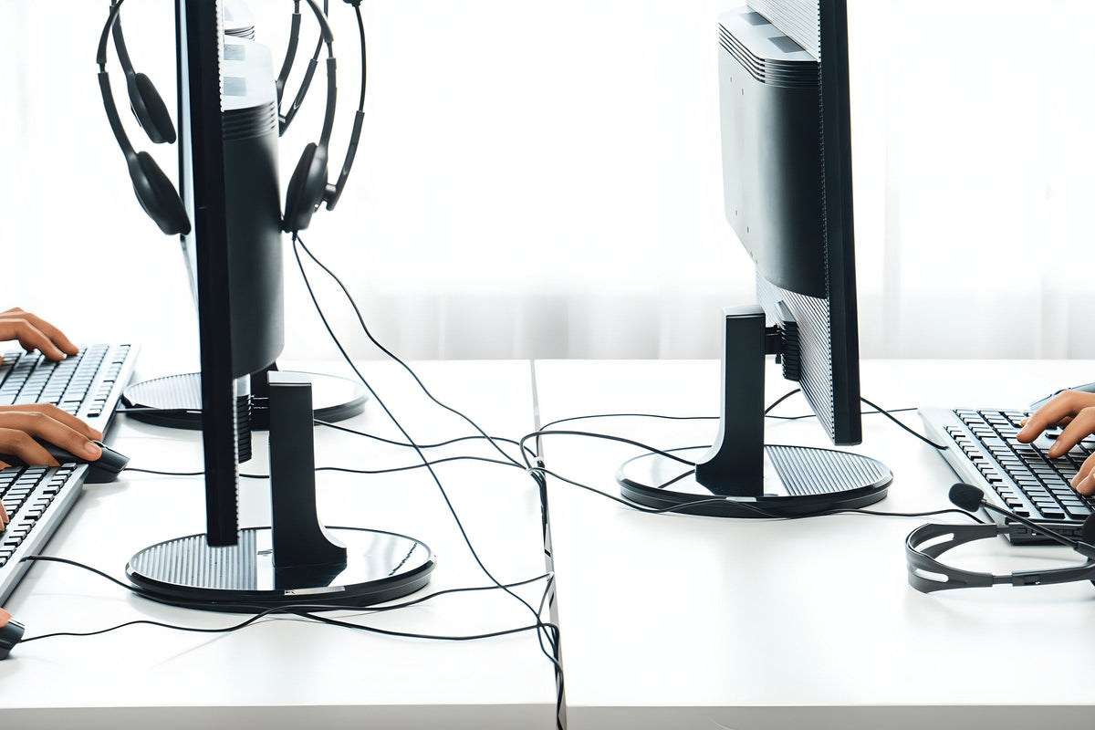 Desks with monitors, headsets and loose cables