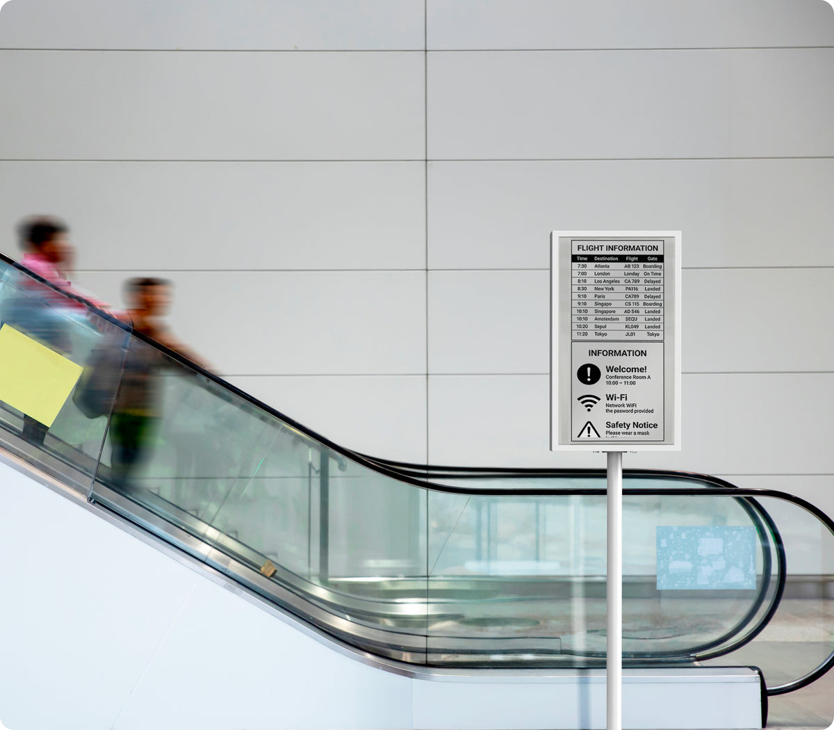 Dual-Sided Floor Stand for E-Paper Displays with Internal Compartment for External Batteries